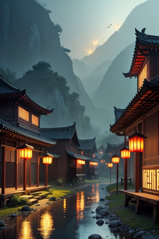 chinese village, nightime, surrounded by fireflies,
