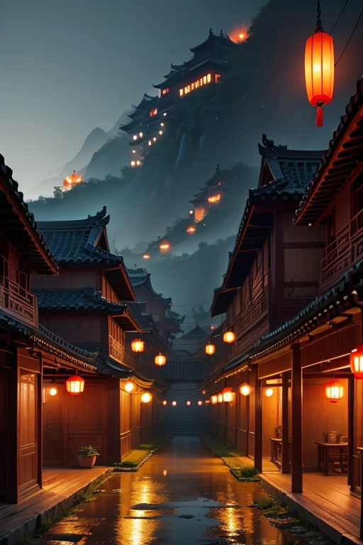 chinese village, nightime, surrounded by fireflies,