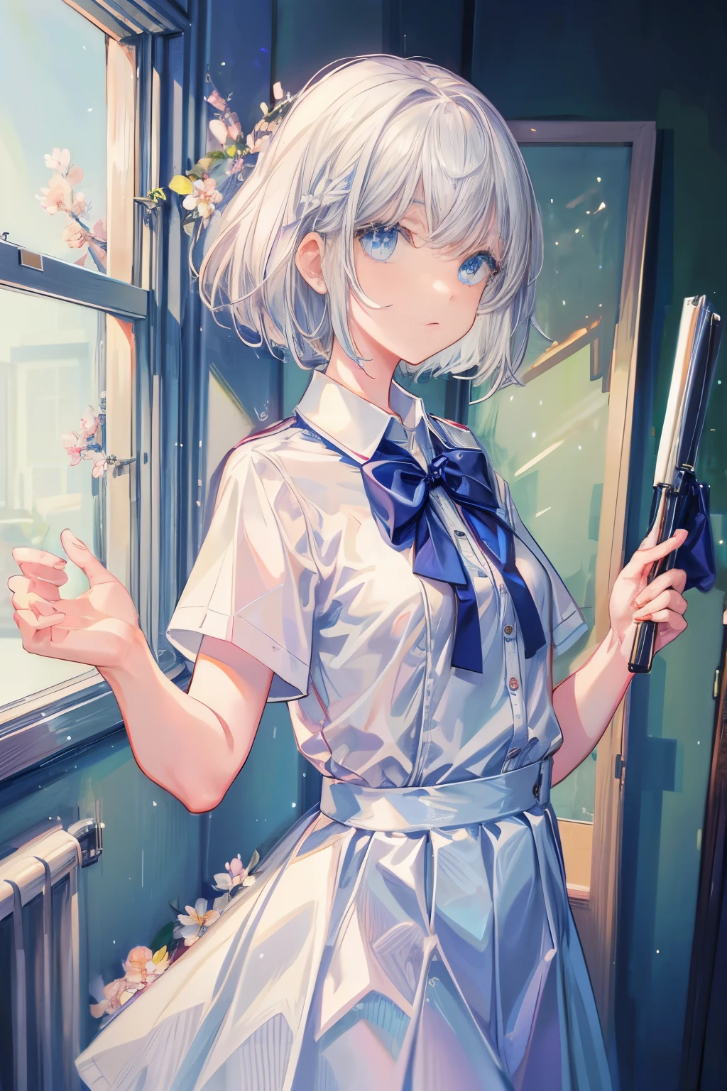 1 girl，(white) short hair，blue eyes，school uniforms，small breast，thin and small，flowers