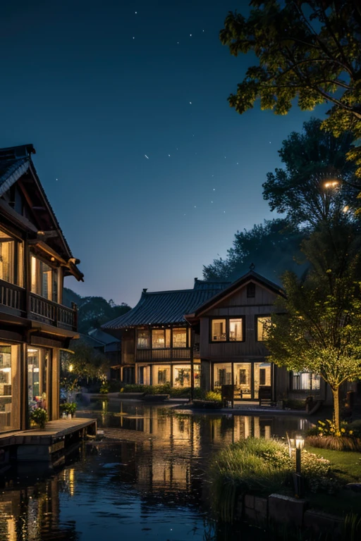 chinese village, nightime, surrounded by fireflies,