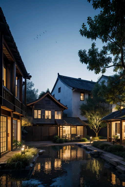 chinese village, nightime, surrounded by fireflies,