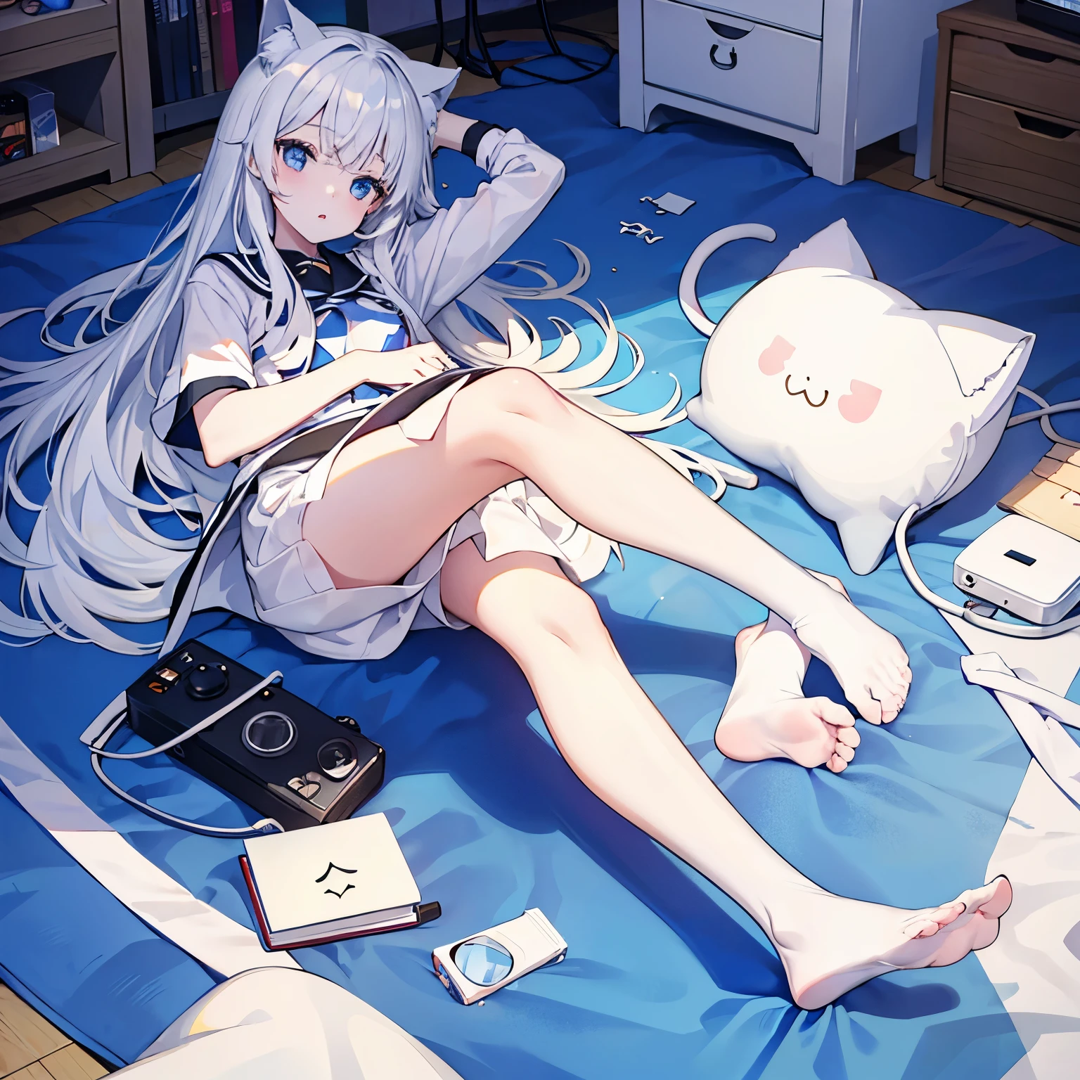 a girl，White头发，Cat ear，White，Feet to the camera，The camera  bottom-up