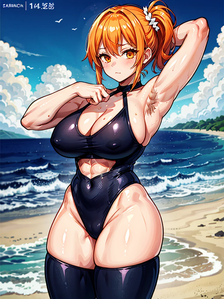 (((masterpiece、Highest image quality、highest quality、highly detailed unity 8kwallpaper)))、((Illustration of one girl))、(((beautiful girl)))、((orange hair、side ponytail、sidelocks:1.4、orange eyes))、((stocky build, thickset physique:1.3, muscular legs, broad shoulders, solid chest:1.3, Armpit Hair:1.4、hairy armpits:1.4)))、swimsuit、sandy beach