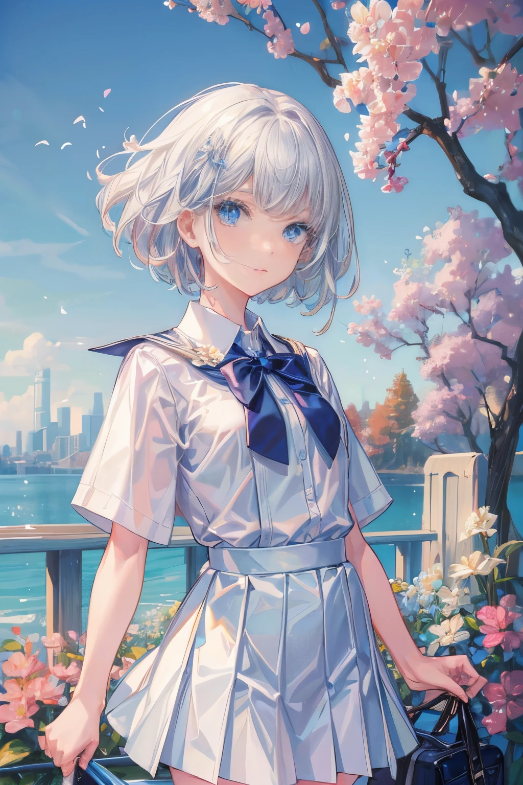 1 girl,(white) short hair,blue eyes,school uniforms,small breast,thin and small,flowers