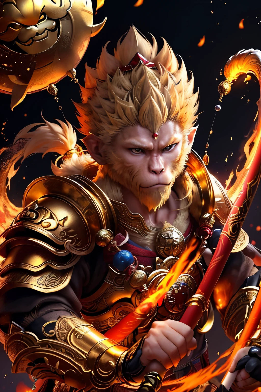 Sun wukong, wukong, normal hands, bright and brave eyes of fire and gold, masterpiece, best detail, sun wukong, golden hair, wear golden circlet, wear traditional garb armor,(abstract ink splash:1.2),