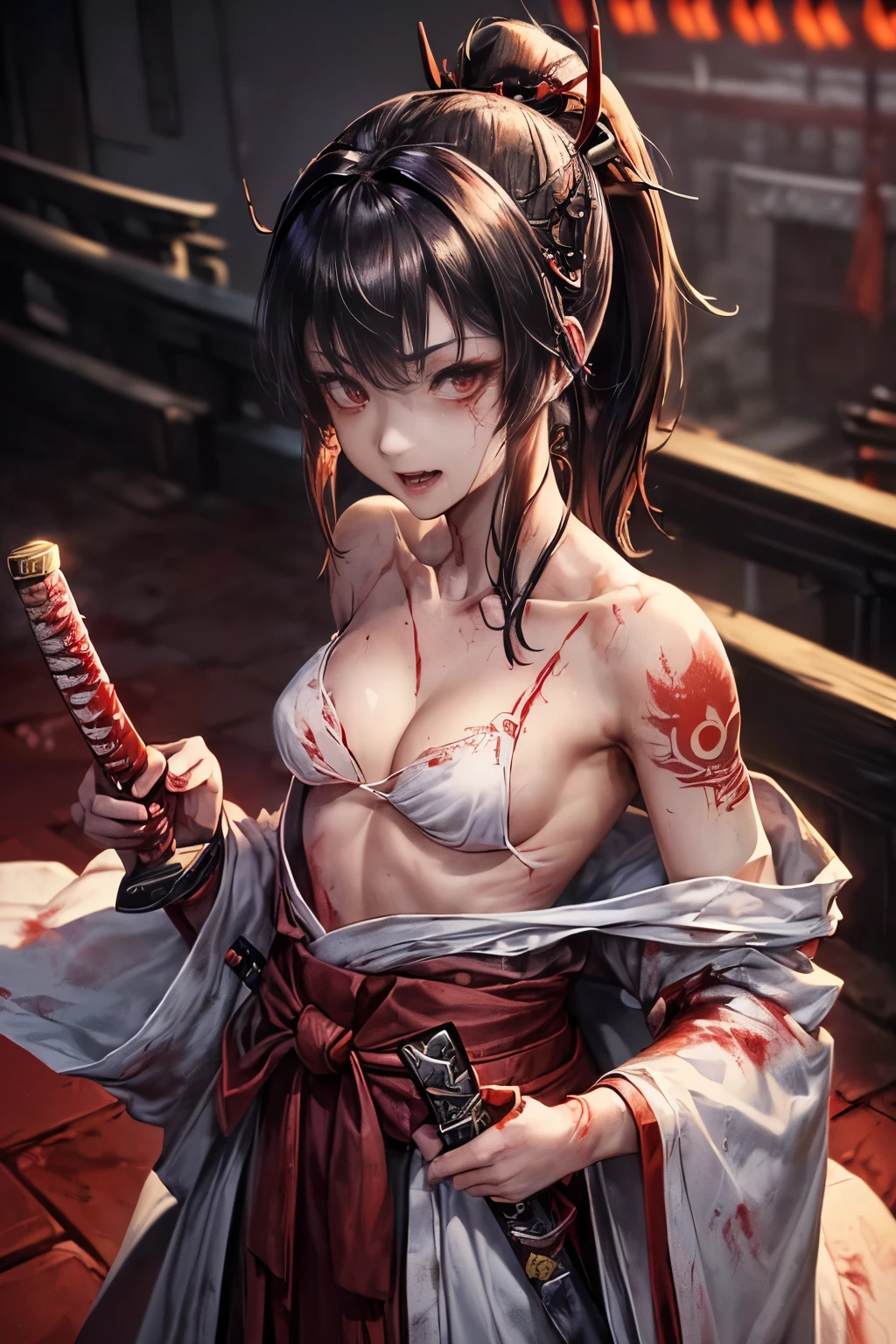 最high quality、best image quality、8K,4K,masterpiece、(NSFW:1.4)、Super detailed beautiful face、beautiful、超high quality、like a demon、cool、((smaller breasts:1.4、narrow cleavage, Blood in the chest:1.4), Full of wounds:1.1), Blood everywhere, (Blood on clothes:1.1), blood pool, (Covered with blood:1.3))、with a girl(((18-year-old、A bloodstained white cloth was wrapped around his chest....:1.5、Defeat a samurai zombie with a Japanese sword:1.5、White loincloth with blood on the waist:1.5、ponytail:1.5、dark brown hair:1.3、Torn Hakama:1.2、Equip a Japanese sword sheath on your waist:1.4、Disturbed armor:1.2、blood on the mouth:1.4、Putting out fangs:1.5、He holds a detailed Japanese sword in his right hand:1.5、In his left hand he holds a detailed Japanese sword....:1.5、Hold the Japanese sword vertically with your right hand....:1.5、Beautiful red eyes that shed blood:1.4、erotic:1.4、happiness、tattoo)))、high quality、visual art、With background((neon, night:1.3、temple background:1.3、Horde of samurai zombies:1.3))、cowboy shot