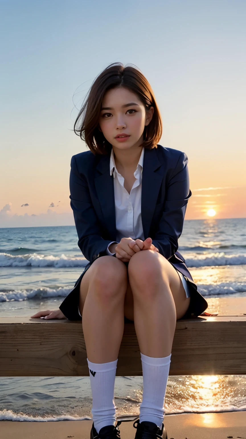 software:1.5、close , ((from below)), top quality, table top, 16K, realistic, concept art, Beautiful girl jumping on the beach , beautiful face, Beautiful short bob hair in light brown, beautiful light brown eyes, plump breasts, look at viewer, blush, high school uniform, blazer, pleated skirt, socks,low person,no panties, sunset seashore, orange sky, beautiful clouds,