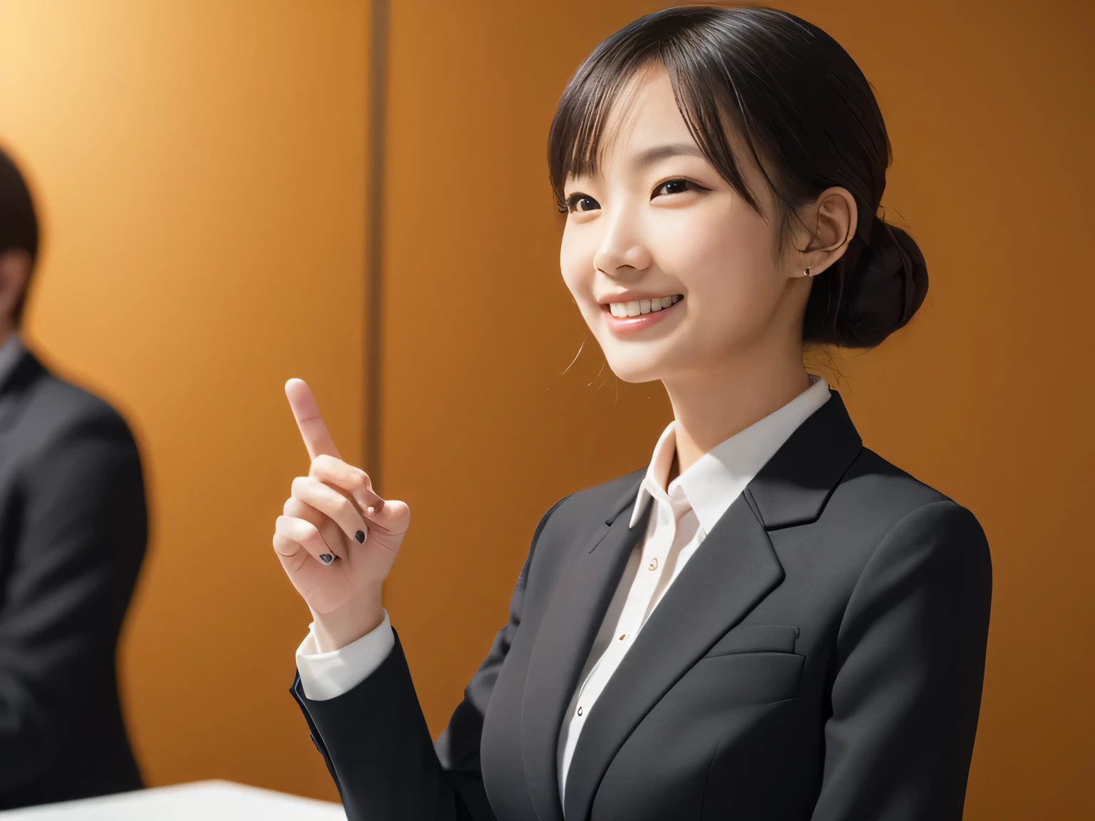 (RAW photo:1), (table top:1, highest quality:1), (8K photo), (photon mapping:1), (in a modern office room:1), (realistic:1.8), (Upper body:1), (Ultra-fine eyes:1), (1 Japanese businesswoman:1), (alone:1.5), (doing a presentation:1.5), (she is talking:1.6), (presentation:1.5), (pointing:1),(standing up straight:1.5), (in front of a white wall:1), (Good posture :1.3), (Natural and modern conference room:1.6), (Simple black business suit:1.5), (20-year-old), (round face:1.5),(we say:0.5), (Bokeh),(light smile), Raise your hand, raise your arms, (active pose:1.5), (Simple light background:1.5), Bokeh, (finger details:1.4), (From the side:1)