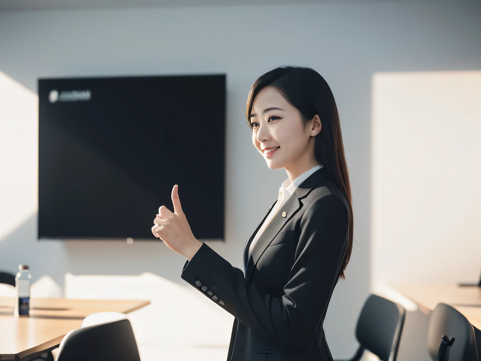 (RAW photo:1), (table top:1, highest quality:1), (8K photo), (photon mapping:1), (in a modern office room:1), (realistic:1.8), (Upper body:1), (Ultra-fine eyes:1), (1 Japanese businesswoman:1), (alone:1.5), (doing a presentation:1.5), (she is talking:1.6), (presentation:1.5), (pointing:1),(standing up straight:1.5), (in front of a white wall:1), (Good posture :1.3), (Natural and modern conference room:1.6), (Simple black business suit:1.5), (20-year-old), (round face:1.5),(we say:0.5), (Bokeh),(light smile), Raise your hand, raise your arms, (active pose:1.5), (Simple light background:1.5), Bokeh, (finger details:1.4), (From the side:1)