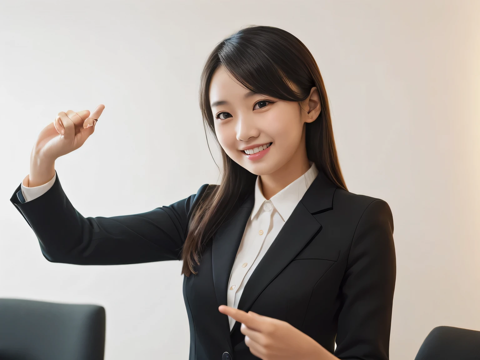 (RAW photo:1), (table top:1, highest quality:1), (8K photo), (photon mapping:1), (in a modern office room:1), (realistic:1.8), (Upper body:1), (Ultra-fine eyes:1), (1 Japanese businesswoman:1), (doing a presentation:1.5), (she is talking:1.6), (presentation:1.5), (pointing:1),(standing up straight:1.5), (in front of a white wall:1), (Good posture :1.3), (Natural and modern conference room:1.6), (Simple black business suit:1.5), (20-year-old), (round face:1.5),(we say:0.5), (Bokeh),(light smile), Raise your hand, raise your arms, (active pose:1.5), (Simple light background:1.5), Bokeh,