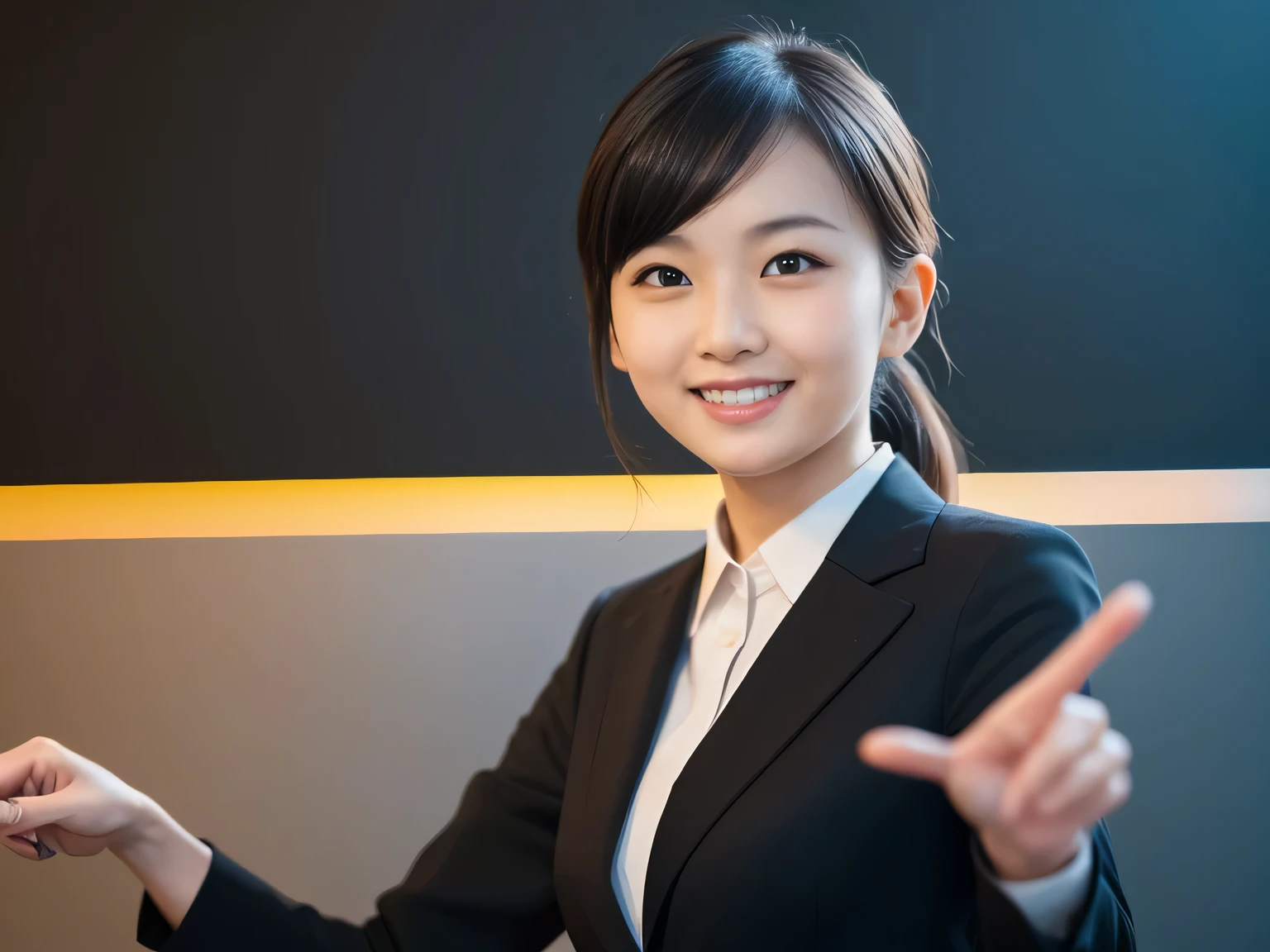 (RAW photo:1), (table top:1, highest quality:1), (8K photo), (photon mapping:1), (in a modern office room:1), (realistic:1.8), (Upper body:1), (Ultra-fine eyes:1), (1 Japanese businesswoman:1), (doing a presentation:1.5), (she is talking:1.6), (presentation:1.5), (pointing:1),(standing up straight:1.5), (In front of the whiteboard:1), (Good posture :1.3), (Natural and modern conference room:1.6), (Simple black business suit:1.5), (20-year-old), (round face:1.5),(we say:0.5), (Bokeh),(light smile), Raise your hand, raise your arms, (active pose:1), (Simple light background:1.5), Bokeh,