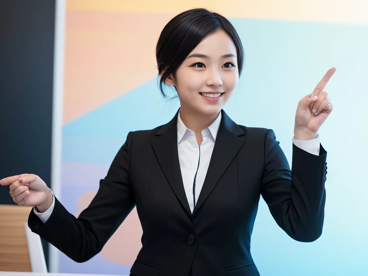 (RAW photo:1), (table top:1, highest quality:1), (8K photo), (photon mapping:1), (in a modern office room:1), (realistic:1.8), (Upper body:1), (Ultra-fine eyes:1), (1 Japanese businesswoman:1), (doing a presentation:1.5), (she is talking:1.6), (presentation:1.5), (pointing:1),(standing up straight:1.5), (In front of the whiteboard:1), (Good posture :1.3), (Natural and modern conference room:1.6), (Simple black business suit:1.5), (20-year-old), (round face:1.5),(we say:0.5), (Bokeh),(light smile), Raise your hand, raise your arms, (active pose:1), (Simple light background:1.5), Bokeh,