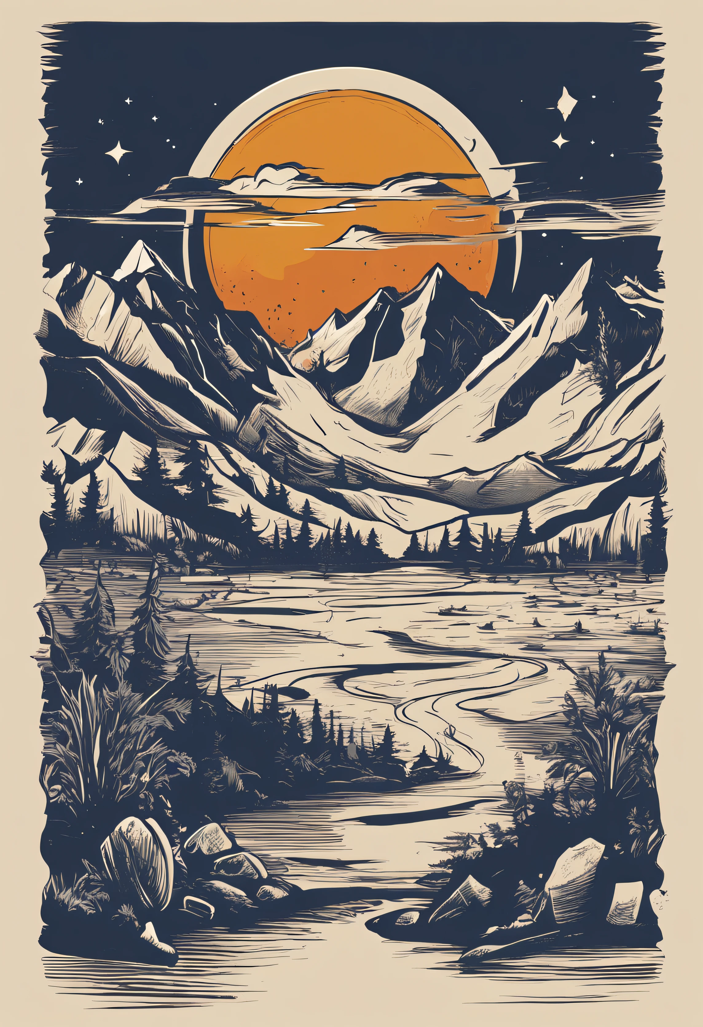Print ready vector t-shirt design, Adventure scenes with explorers, Beautiful night sun and mountains as background, clean white background, Professional vector, Panorama, 8K resolution, Impressive illustrations