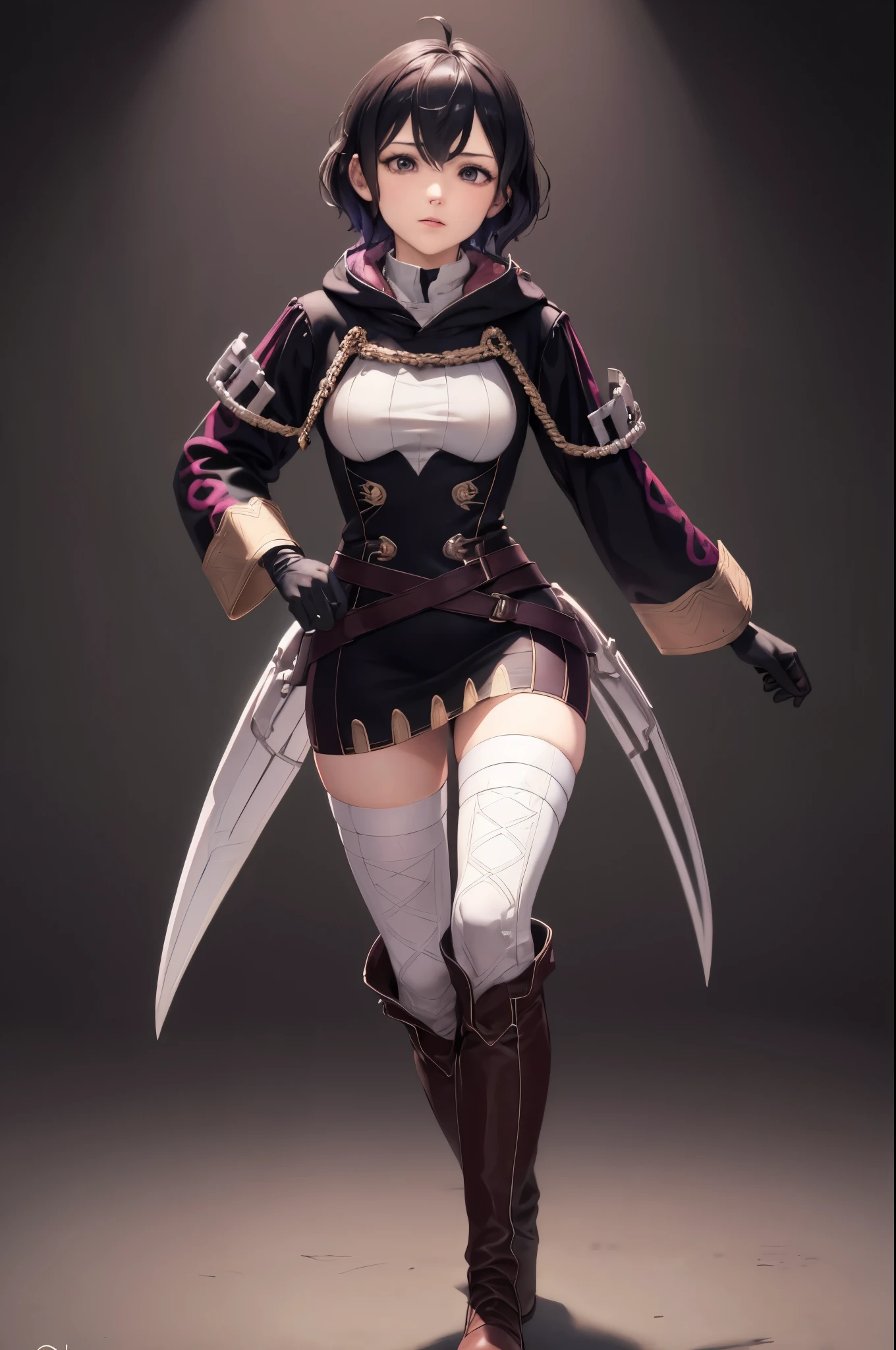 masterpiece, best quality, feMorgan, short dress, black gloves, white thighhighs, brown boots, standing, FEH, whole body, black background,  background 