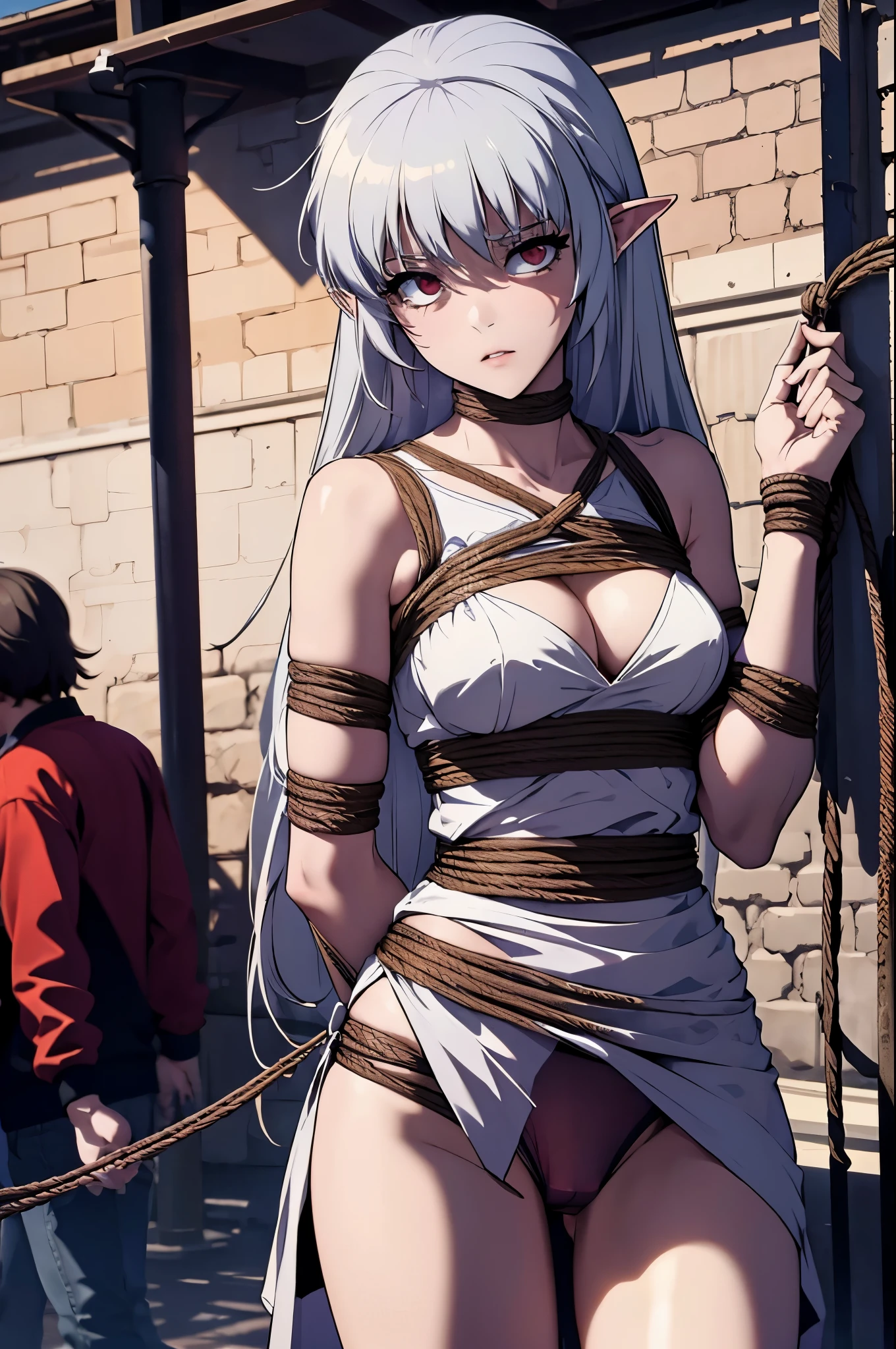 (((Vibrator under panties,shibari,bdsm))),(((shibari over clothes,rope,bound,restrained,against pillar))),pillar,alice,vampire,grey hair, long hair, red eyes, pointy ears, small breasts
