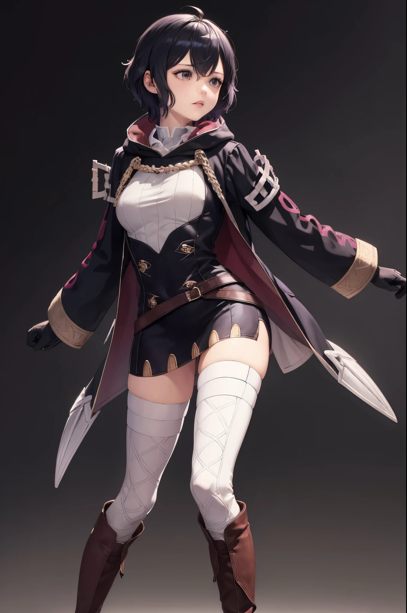 masterpiece, best quality, feMorgan, short dress, black gloves, white thighhighs, brown boots, standing, FEH, whole body, black background,  background 