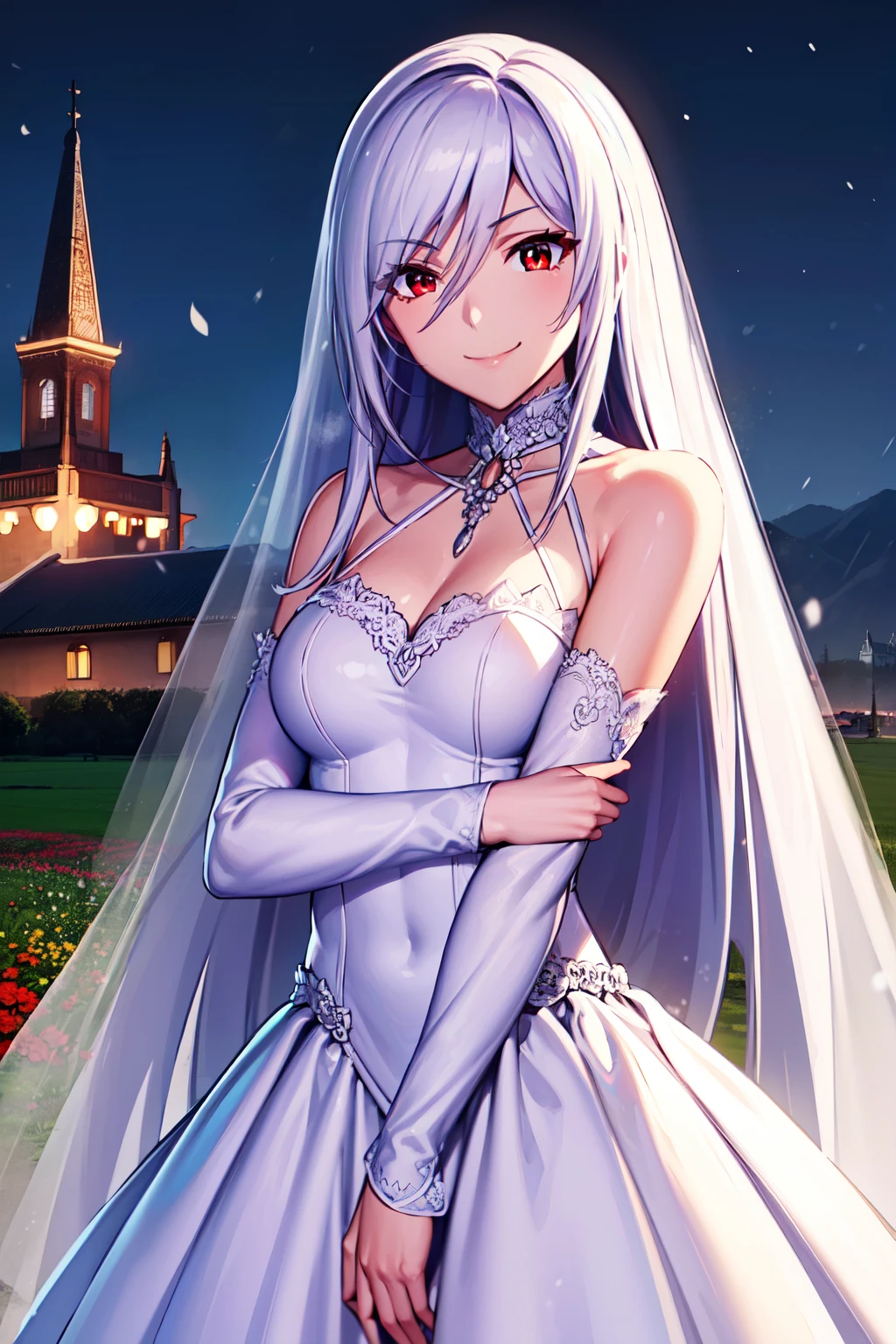 1 Women, 28 years old, Long  bright silver hair, red eyes with slit pupils, master-piece, best quality, proportional body, proportional, Wedding Dresses, Long skirt, (((White Wedding Dresses))), ((Meadow with a view of a small church)), ((snowstorm of flowers)), Upper body, The sky is beautiful, Both hands hold a bouquet of red flowers, (light_Smile:1.5),