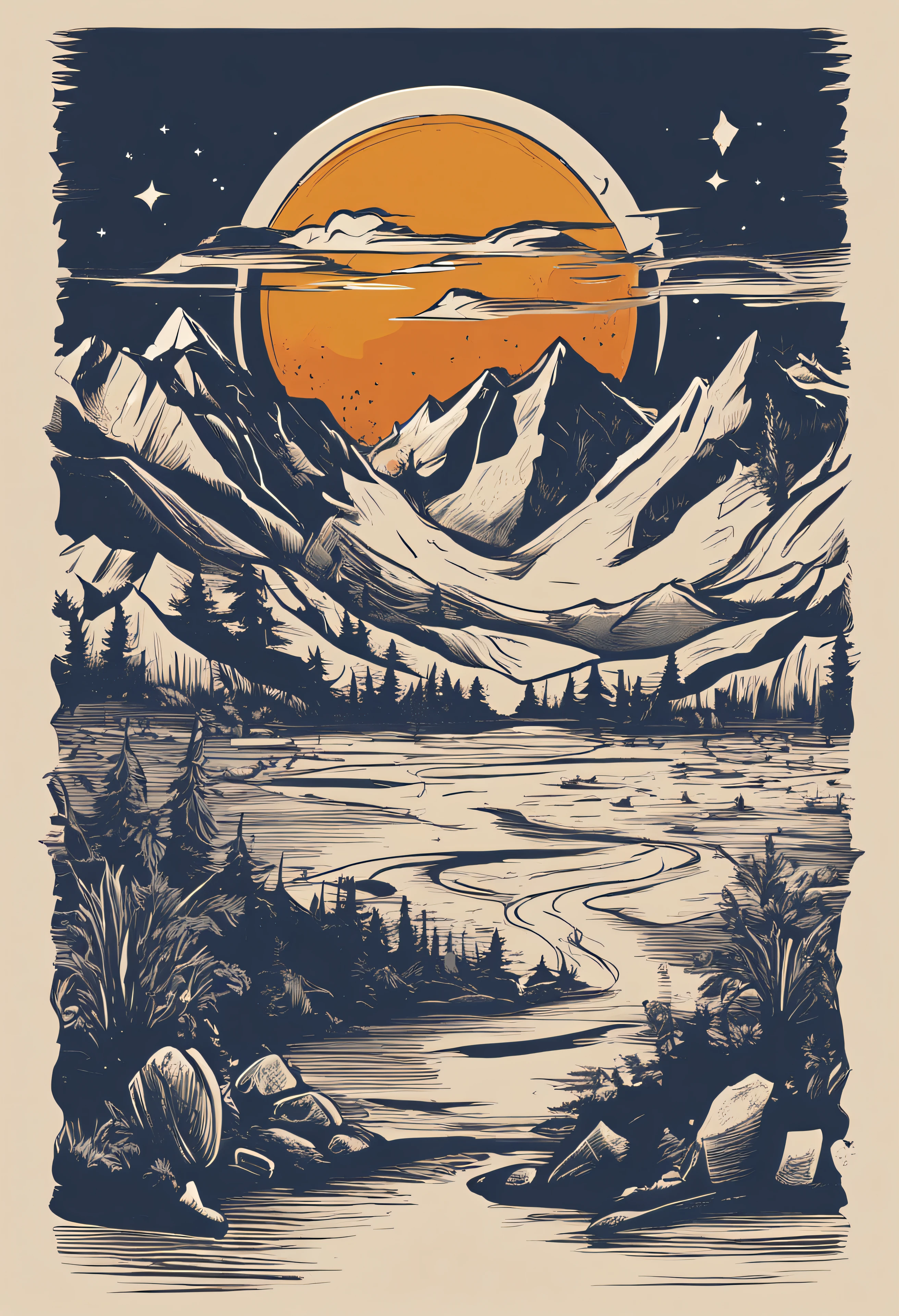 Print ready vector t-shirt design, Adventure scenes with explorers, Beautiful evening sunlight and mountains as background, clean white background, Professional vector, panoramic, 8K resolution, Impressive illustrations