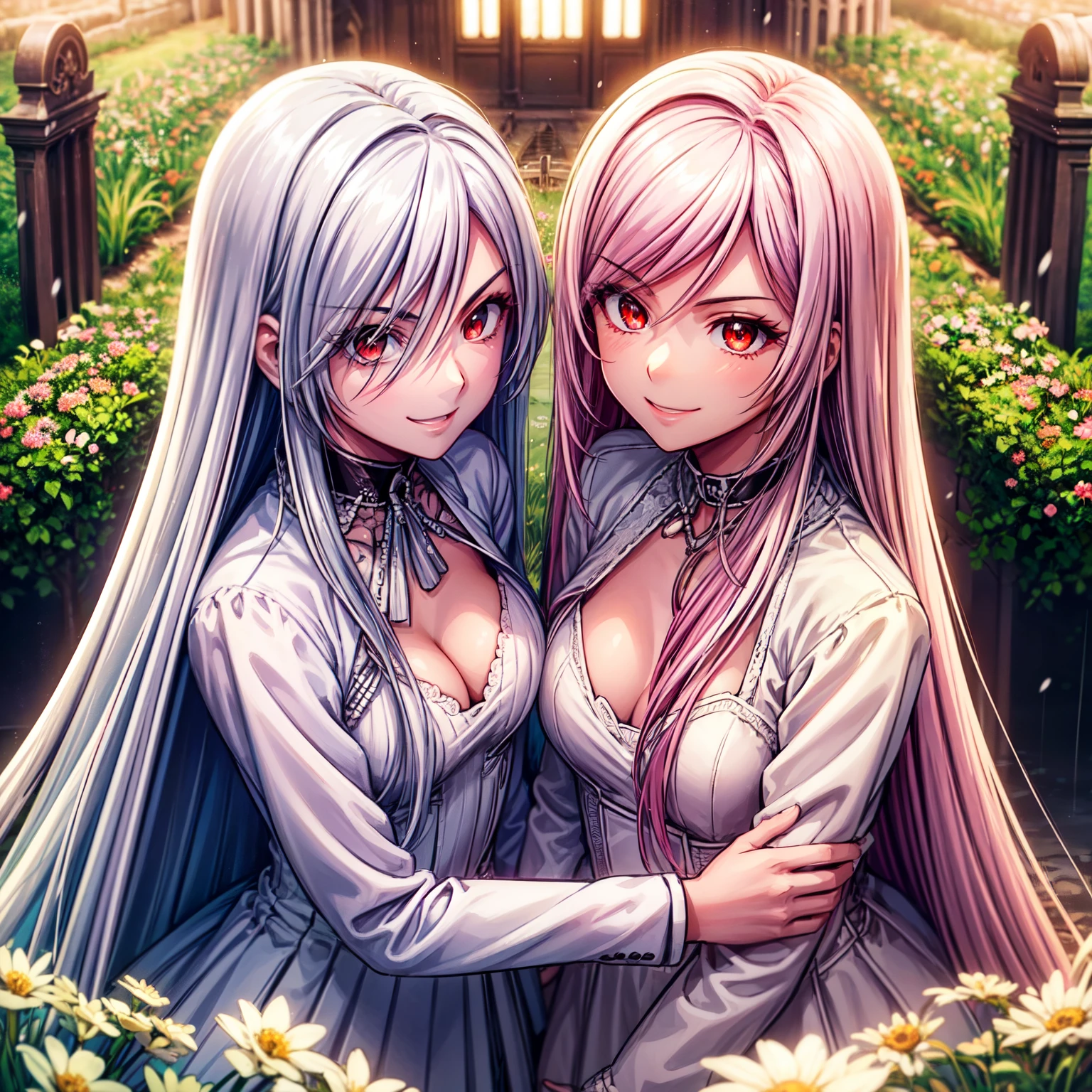 ((two Girl)), 28 years old, The girl on the left has long silver hair and red eyes with slit pupils, The girl on the left wear a white Wedding Dresses, The girl on the right has pink hair and green eyes with slit pupils, The girl on the left wear a pink Wedding Dresses, facing another, The two girls looked each other in the eyes, upper body, cropped torso upper body, (light_Smile:1.5), ((Meadow with a view of a small church)), ((snowstorm of flowers)), Upper body, The sky is beautiful,