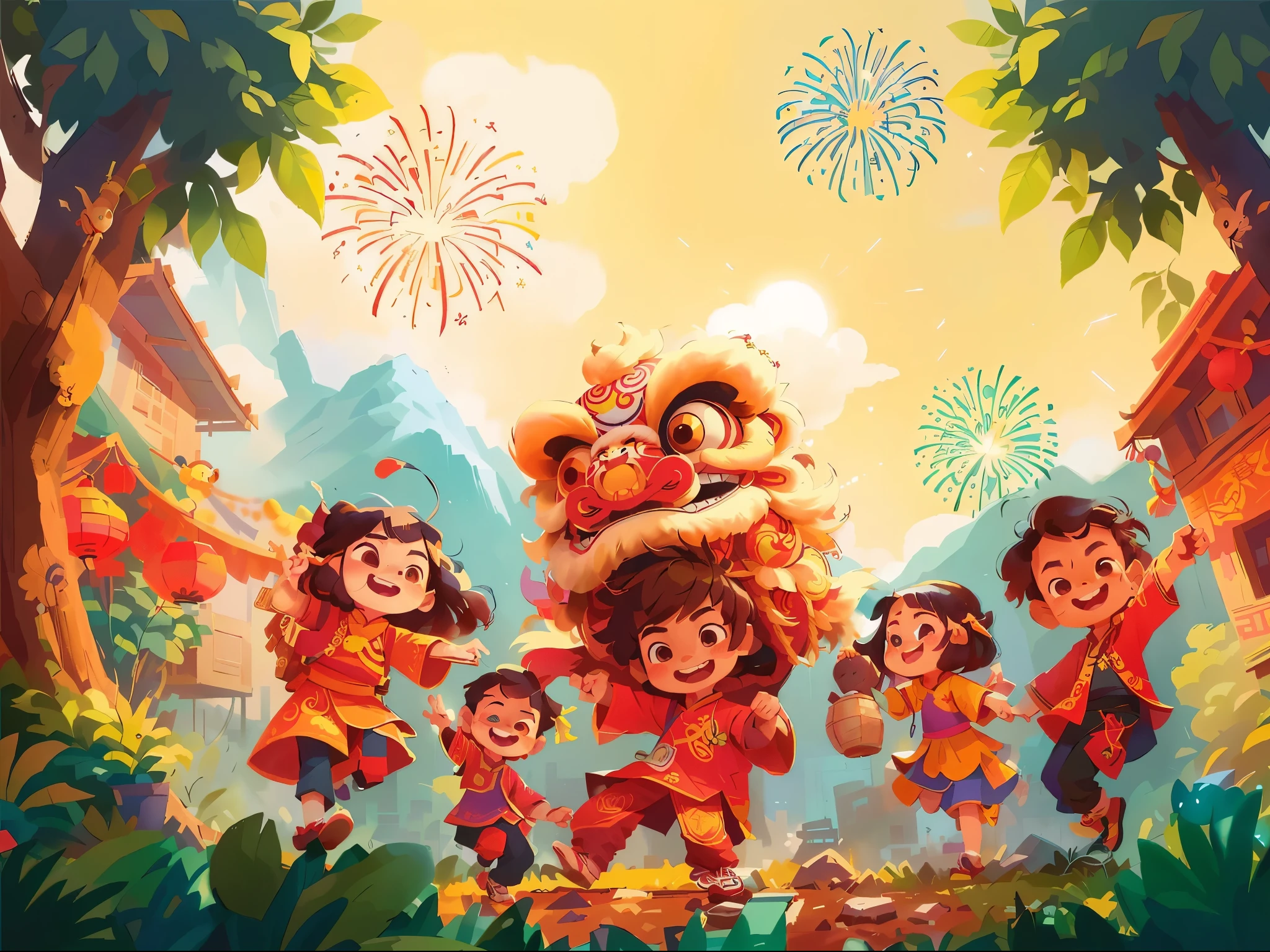 cartoon illustration of a group of ethenic children in vietnam costumes with happy face, smile face, the mountain backgound with firework on sky, lunar new year asmosphere, Tet Holiday, Tet Traditional Viet Nam, dragon year, a beautiful artwork illustration, official artwork, childrens art in artstation, in the style of sachin teng, by Ryan Yee, by Qu Leilei, colorful kids book illustration, by Yang J, inspired by Pu Hua, official illustration, sachin teng, jen bartel, game illustration, official art, by Li Song