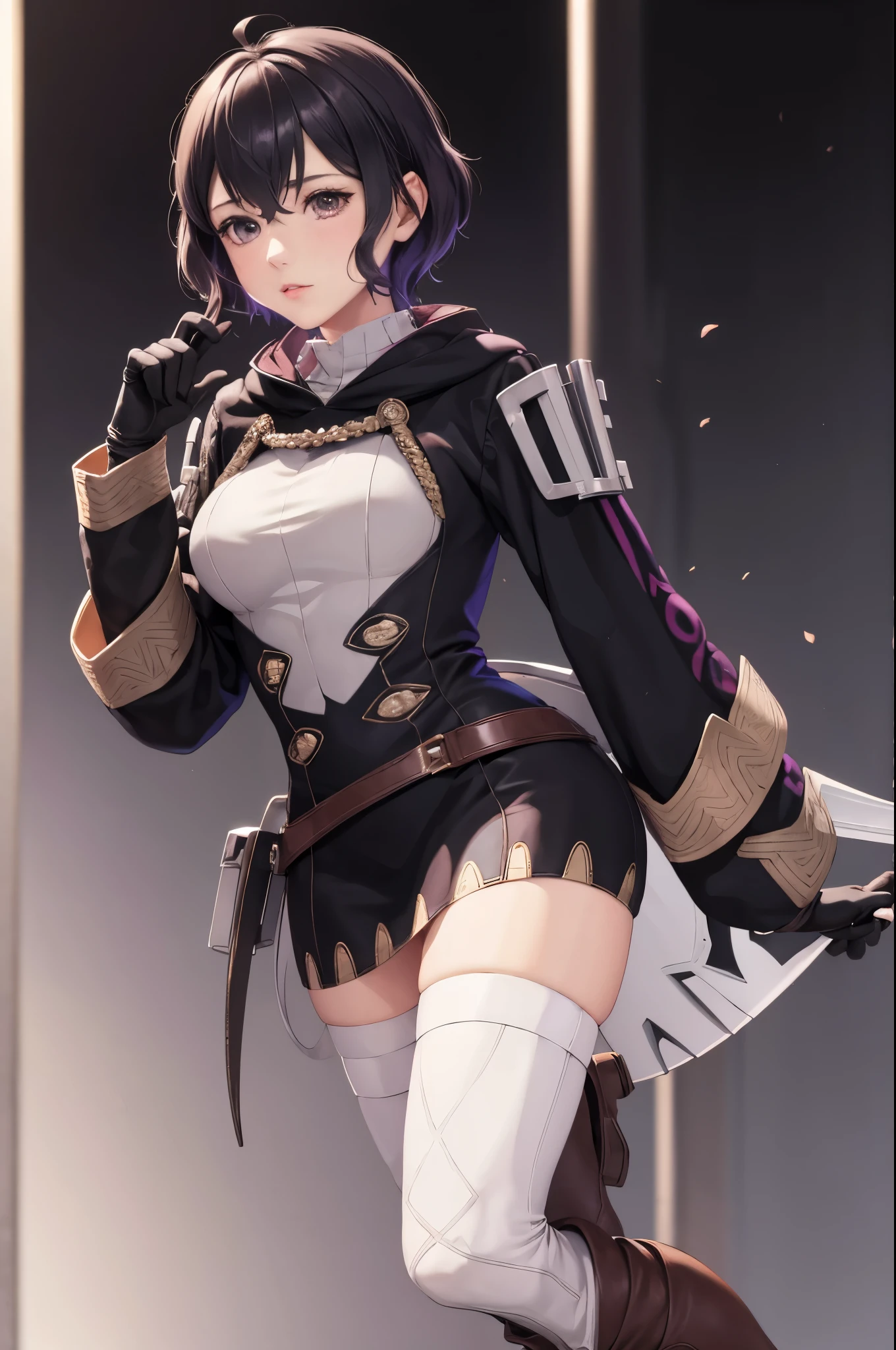 masterpiece, best quality, feMorgan, short dress, black gloves, white thighhighs, brown boots, standing, FEH, whole body, black background,  background 