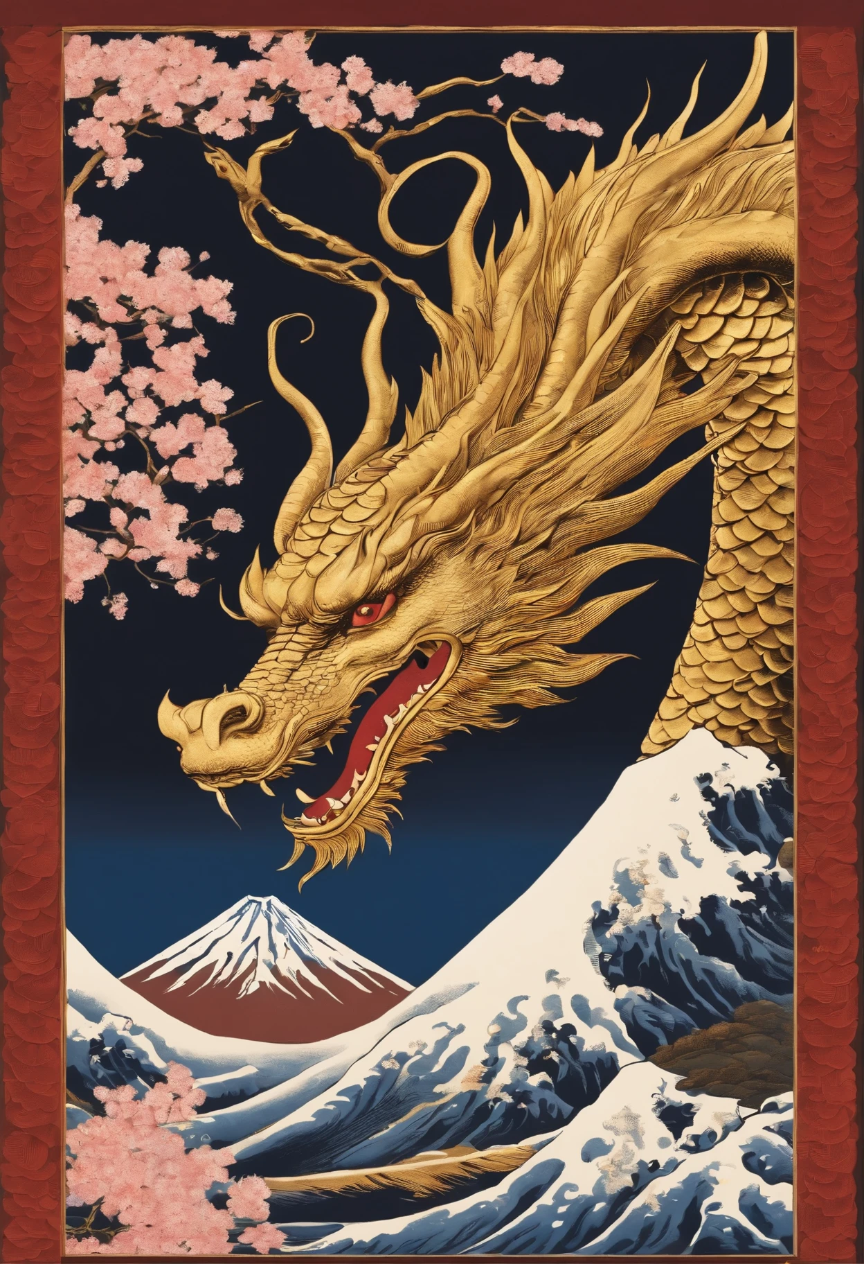 A golden dragon head and body painted by Katsushika Hokusai。One sun on one Mt. Fuji。gentle waves。Cherry blossoms bloom。