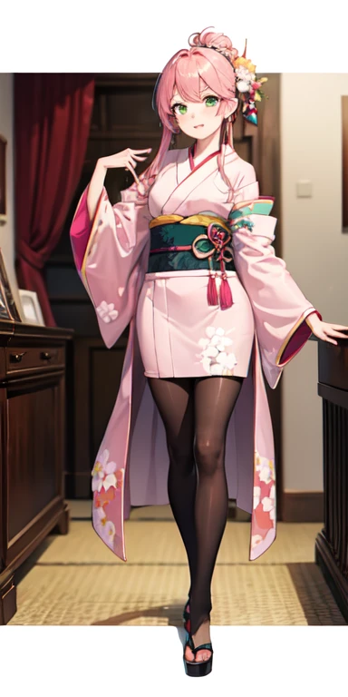 ((best quality)), ((masterpiece)), (detailed), perfect face , full body anime picture of a green eyed pink haired vampire student , green eyes , pink hair , kimono . pantyhose