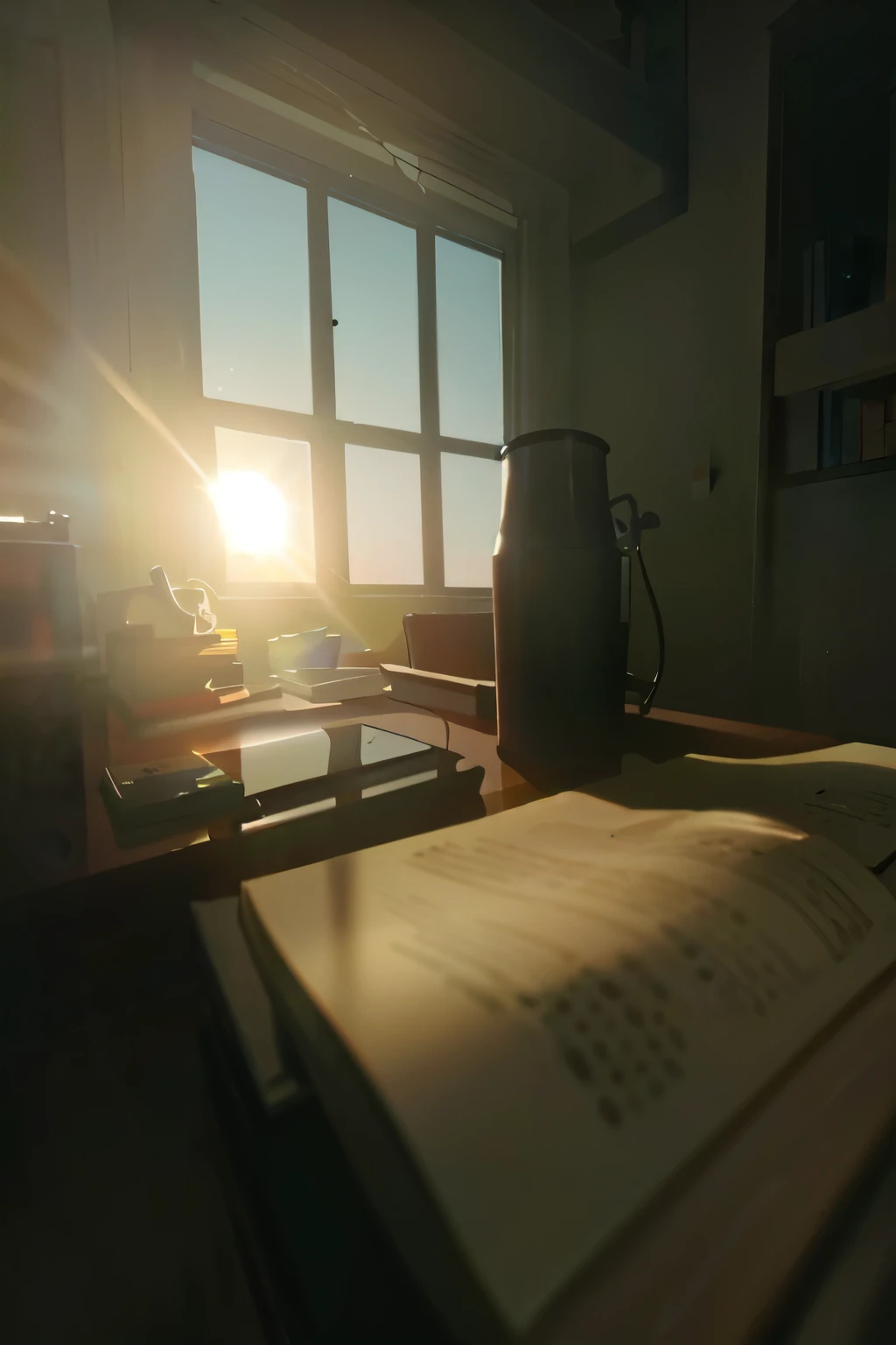 The sun shines through the window on the books on the table, cinematic morning light, Dramatic movie light in the morning, Soft light outside the window, the sun reflecting on a window, afternoon sun, golden hour sunshine, movie lens ar 9:16-n 6-g, Early morning light, afternoon light, In the morning light, morning atmosphere, realistic afternoon lighting