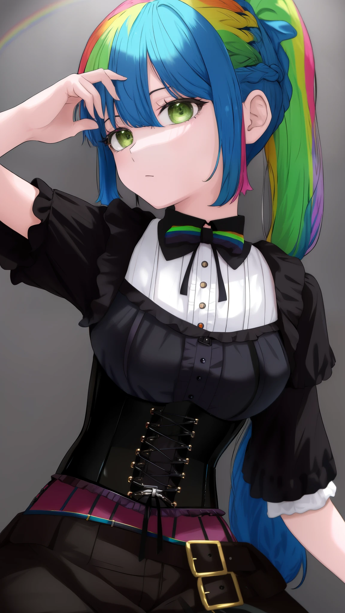 roitz, 1 girl, alone, rainbow colored hair, ponytail, Corset top, (black clothes:1.3), masterpiece, best quality 