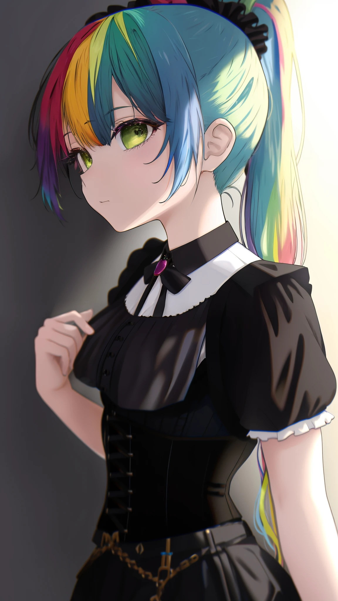 roitz, 1 girl, alone, rainbow colored hair, ponytail, Corset top, (black clothes:1.3), masterpiece, best quality 