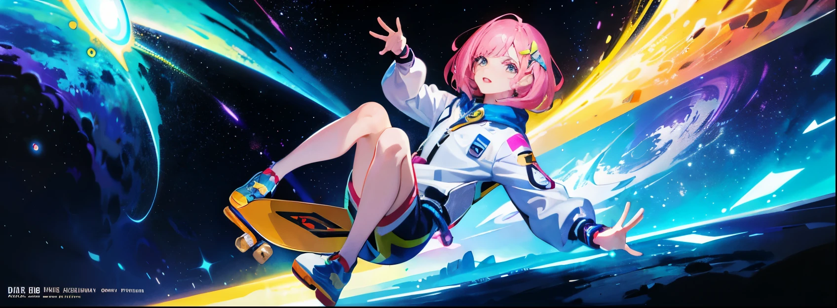 Cartoon image of a girl wearing a space suit and riding a skateboard, Macross Delta splash art, official artwork, promotional art, Decora style illustration, Macross Delta, dreamy psychedelic anime, promotional art, macross frontier splash art, android heroine, nano girl 2, Official illustration, lofi girl, official artwork hdr, high detailed official artwork