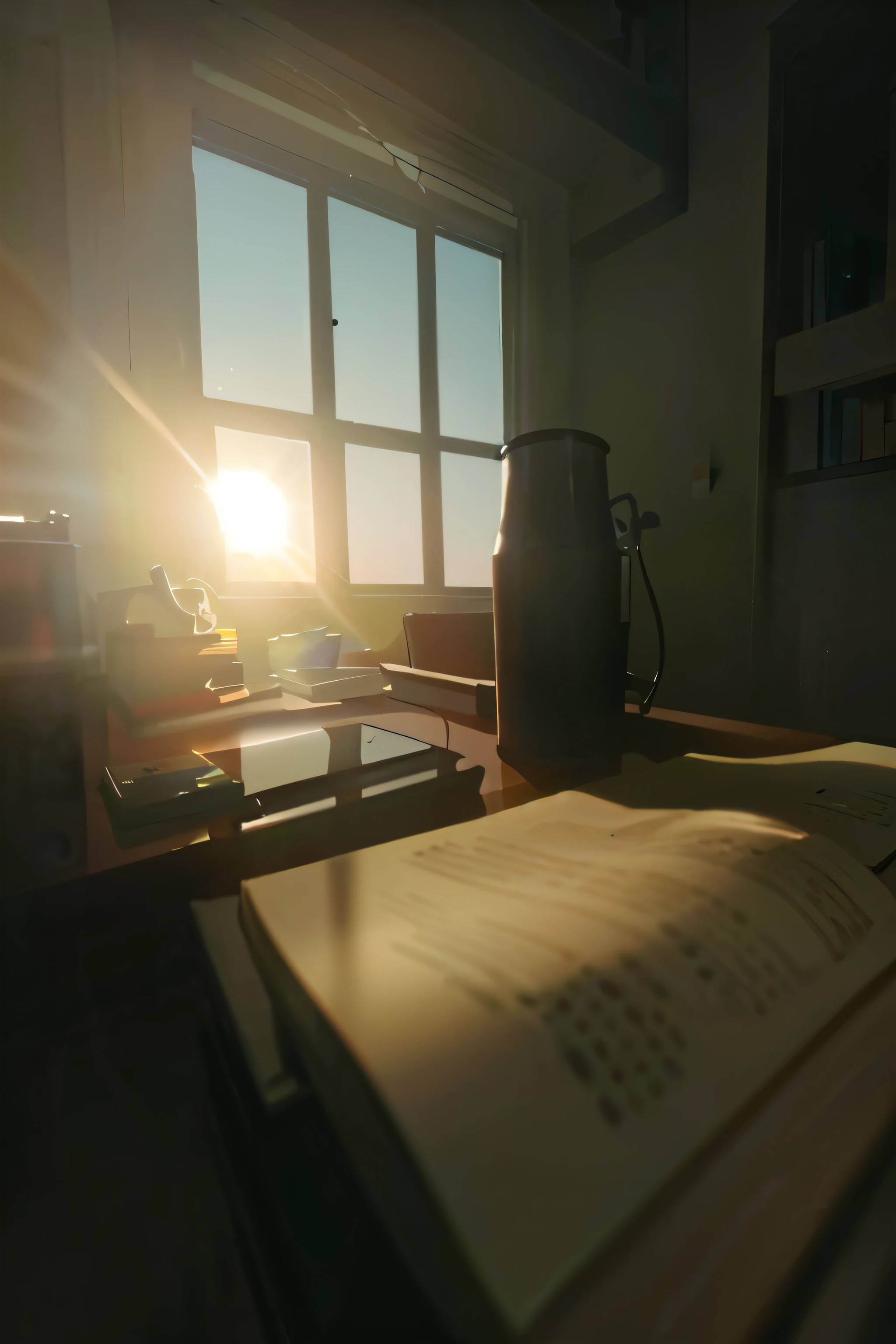 Sunlight shines through the window on the books on the table, cinematic morning light, morning dramatic cinematic light, The light outside the window soft, the sun reflecting on a window, afternoon sun, golden hour sunshine, Cine Lens AR 9:16-n 6-g, Early morning light, afternoon light, In the morning light, morning atmosphere, realistic afternoon lighting
