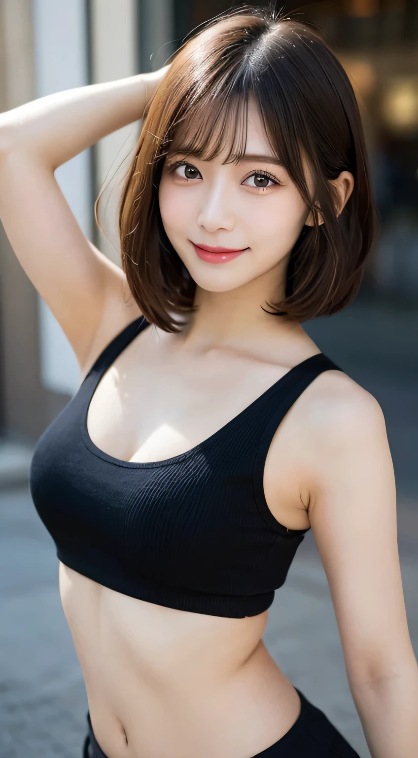 masutepiece, Best Quality, Illustration, Ultra-detailed, finely detail, hight resolution, 8K Wallpaper, Perfect dynamic composition, Beautiful detailed eyes, Women's Fashion Summer,Short bob hair,small tits, Bold sexy poses,Smile,Harajuku,20 years girl,Cute,Sexy shot looking at camera,sleeveless,tank top,(Armpits),There a space between the chest and the clothes,胸の谷間が見える