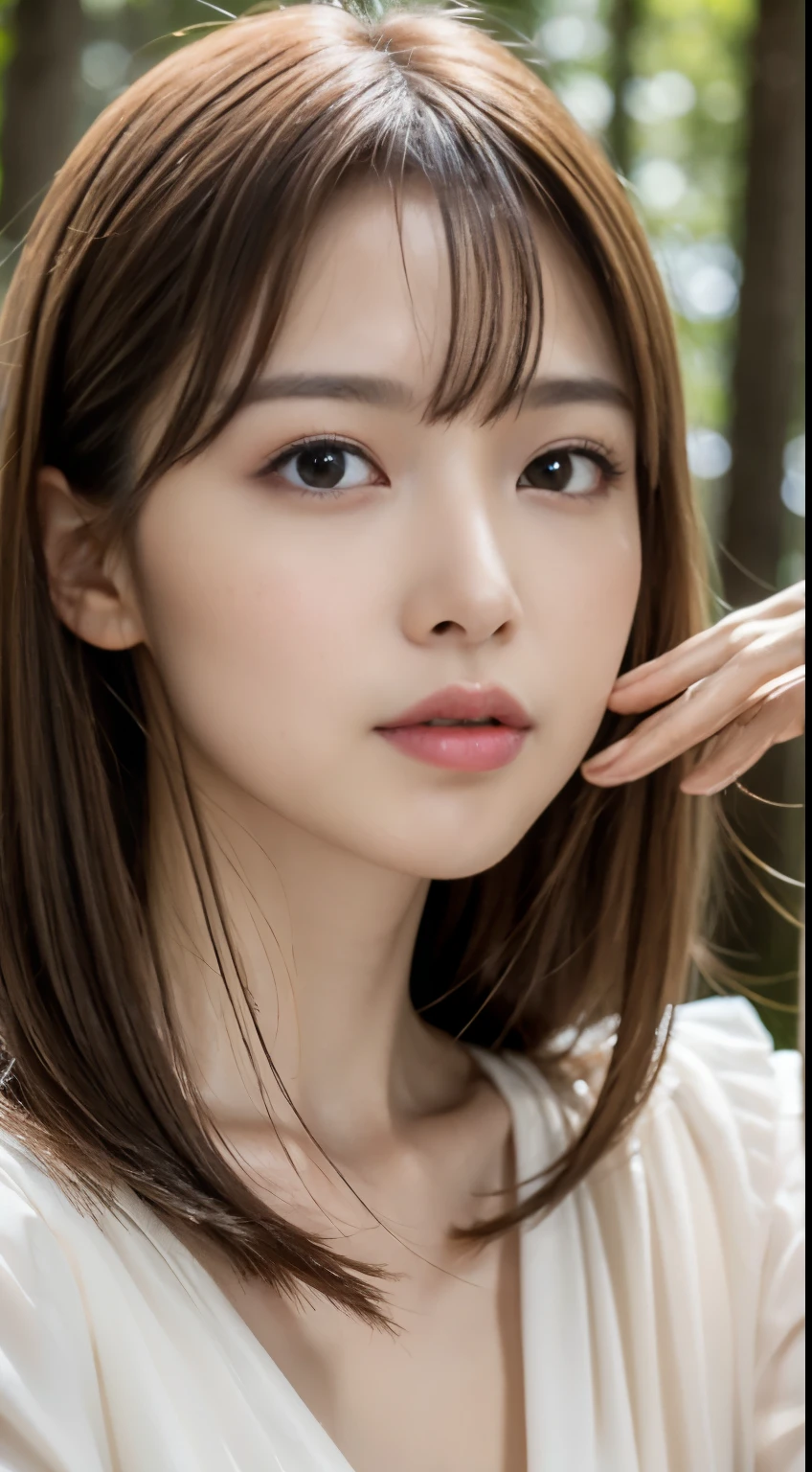 1 female, close up of face, Medium chest, light brown hair, dull bangs, hair behind the ear, shoulder hair, long hair, slender body shape, Extra-fine face, thin face, delicate lips, beautiful eyes, light blush, eyes are light brown, perfect shiny skin, perfect skin, Shining sweat,See here, ultra thin hands, super thin fingers, Optimal ratio of 4 fingers and 1 thumb, (realistic:1.3), finger extension, see-through white blouse. coniferous forest, one person's perspective, Film, f/1.2, 8K, table top, nffsw, Super detailed, high quality, 最high quality, High resolution,abs,6 pack,