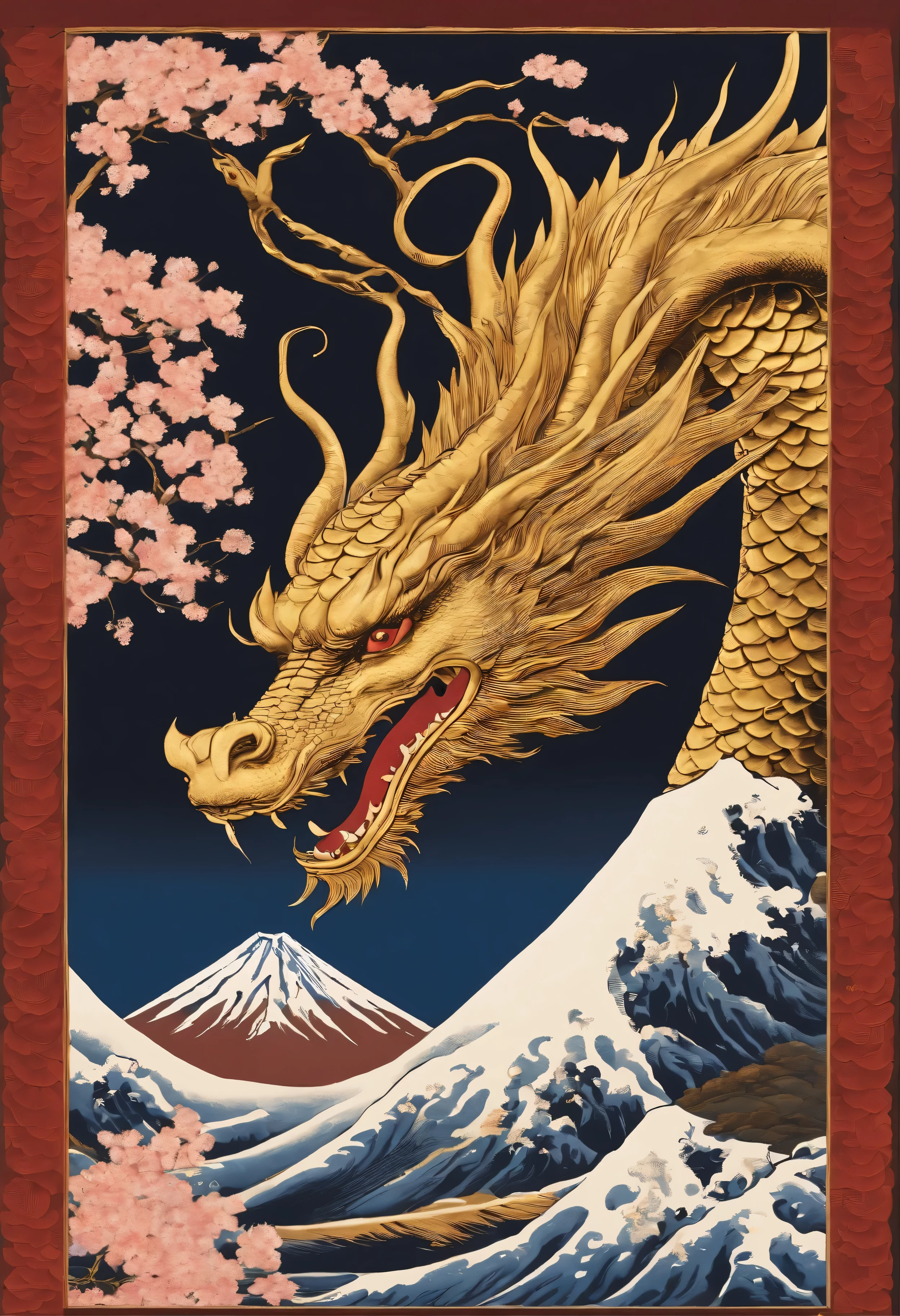 The head and body of a golden dragon painted by Katsushika Hokusai。One mountain, one sun. Fuji。gentle waves。cherry blossoms falling。