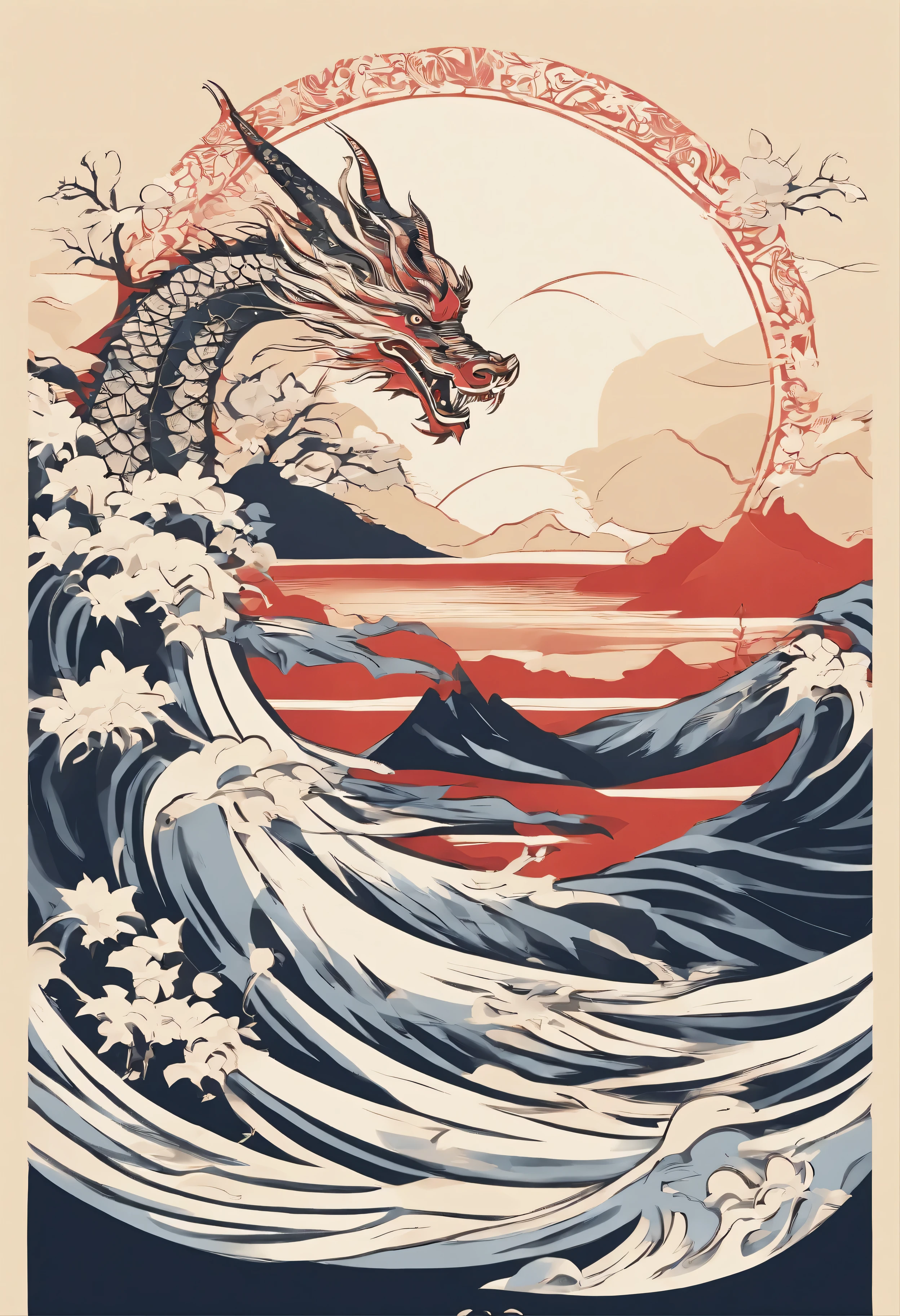 The head and body of a golden dragon painted by Katsushika Hokusai。One mountain, one sun. Fuji。waves in the bay。cherry blossoms falling。