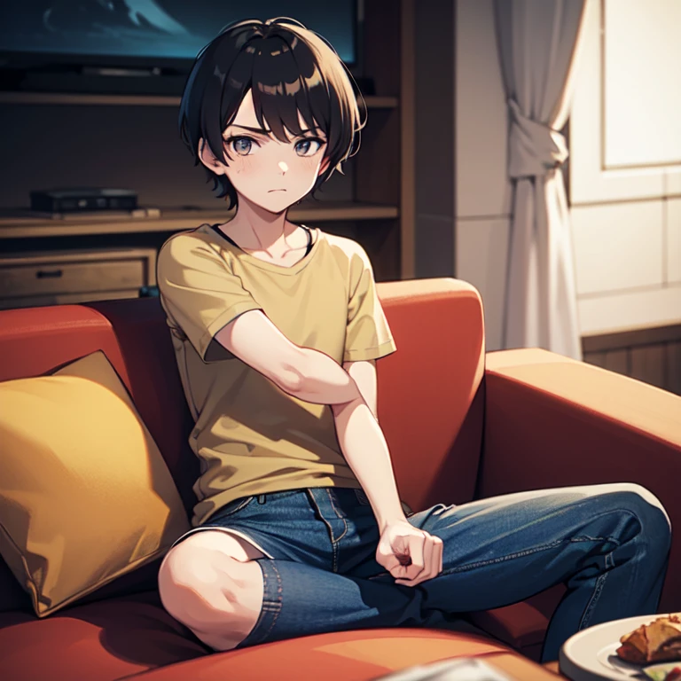 masterpiece, best quality, 1boy, solo, child, dark hair, dark eyes, beige shirt, t-shirt, blue pants, shorts, sitting, living room, couch, frown, looking at viewer 