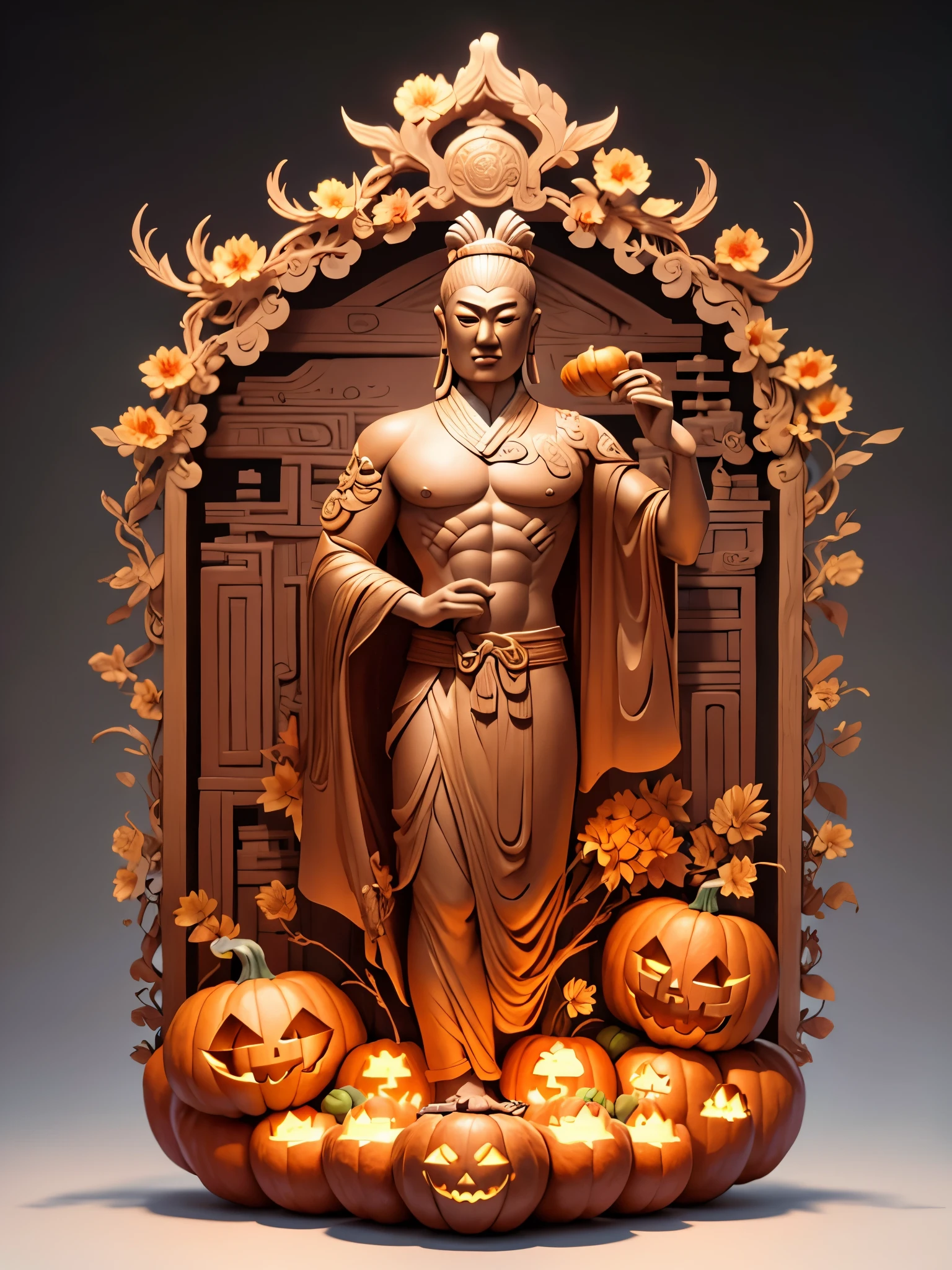 (A Thousand Mile Jiangshan Sculpture with a Large Pumpkin Inner Carving: 1.1), Inspired by Wang Ximeng of the Northern Song Dynasty, 16k, Relief, Solid Background: Fruit Carving, Food Carving, 3D Carving, Food Sculpture Design, Rotation, Inner Carving, Micro Carving, Classicism, Depth of Field, Ultra HD, Masterpiece, Precision, Ultra Detail, High Detail, High Quality, Award winning, Best Quality, 16k, Soft Lighting,