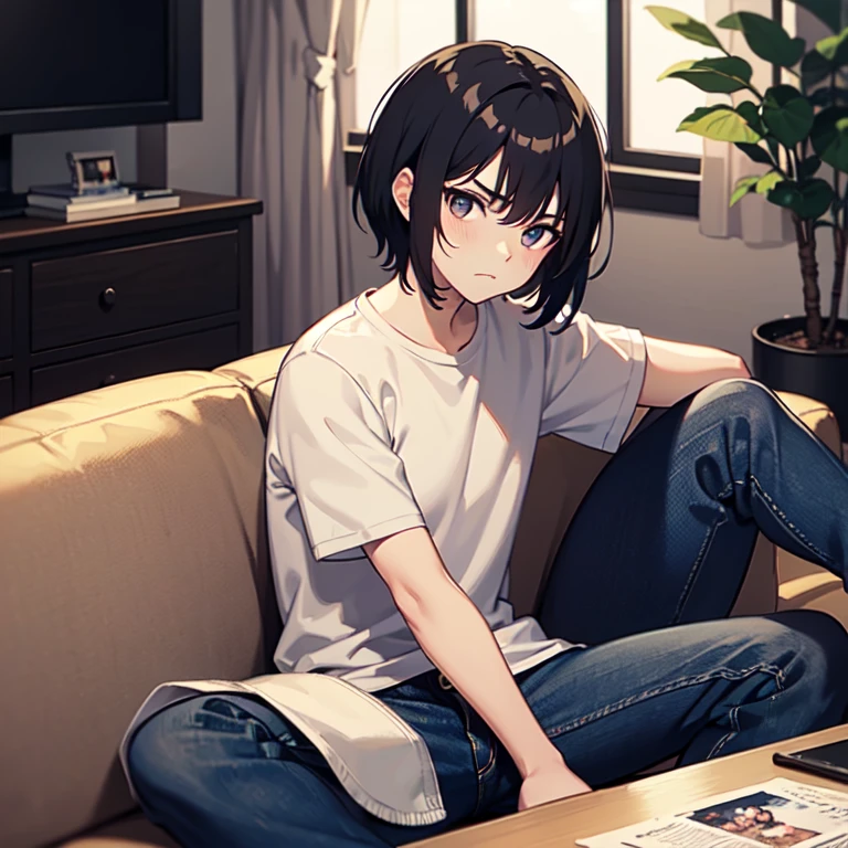 masterpiece, best quality, 1boy, solo, , short hair, dark hair, dark eyes, beige shirt, t-shirt, blue pants, jeans, sitting, living room, couch, frown, looking at viewer