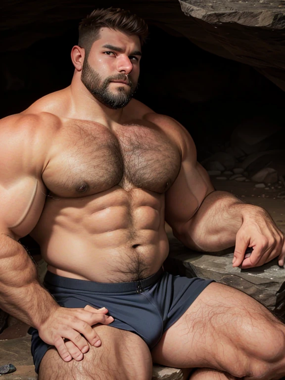 sexy hairy chubby muscle bear daddy in his late 40's sitting on a stone and staring seductively in dark cave with glow from nearby fire on his face