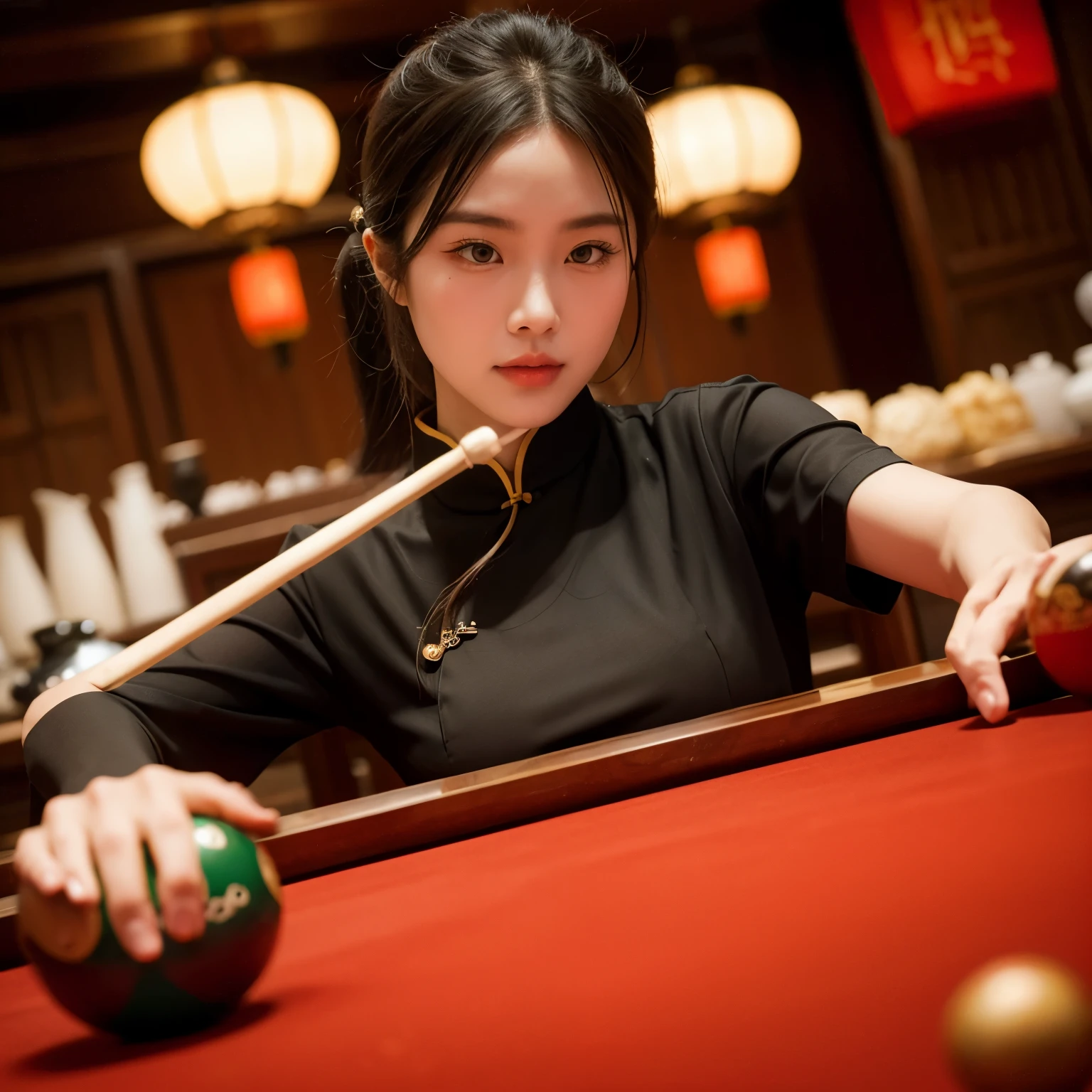 China, hitting,Chinese eight ball,front,See the face,dressed stylishly,full