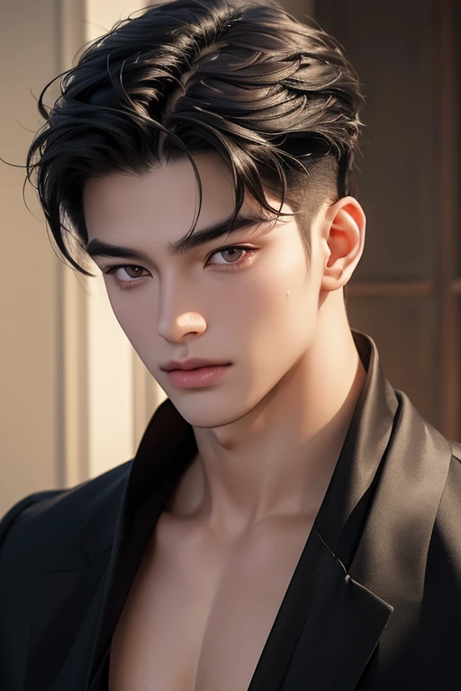 ((High quality)), ((masterpiece)), ((highly detailed)), perfect face, realistic, ((man)), ((Asian)), full body, young, 20 years old, black hair, comma hair style, ((handsome)), detailed eyes, beautiful detailed nose, realistic body, realistic light, comfortable exprssions, cute guy, sweat guy, cool guy, young, muscular body