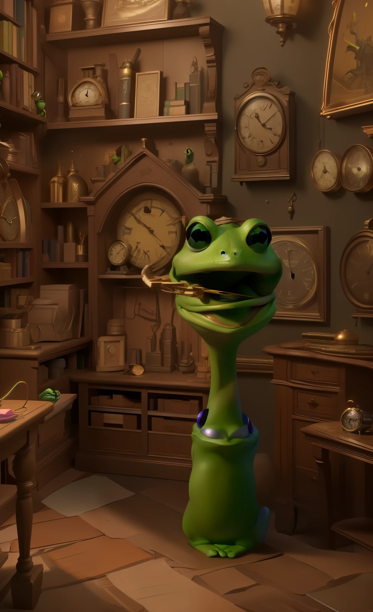 there a green frog head in a room with many clocks, pixar renderman render, pixar octane render, film still of kermit the frog, render in pixar, disney pixar weta, still from a 2015 pixar movie, as a claymation character, rendered in nvidia's omniverse, global illumination. vfx, portrait of pepe the frog