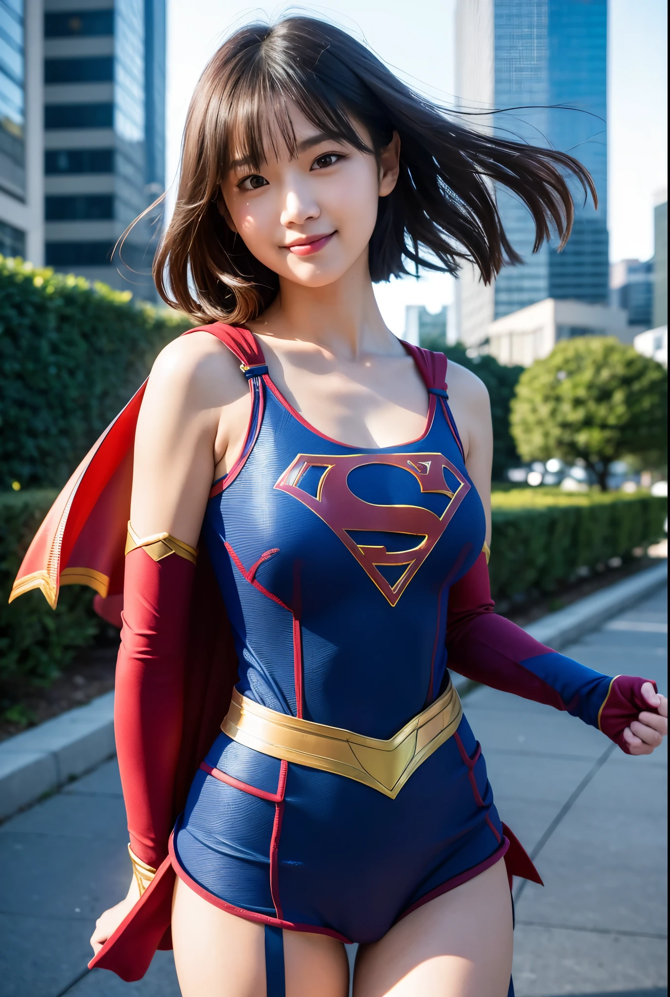 adorable, japanese girl, ************, (Supergirl costumes:1.2),shortcut、Plump thighs, big breasts、Chirarism、Thin belly、abs、smile、garter belt、Pose with movement、The background is a city with skyscrapers、I can see the blue sky、(非常にbe familiar withな肌), (highest quality:1.0), (realistic:1.0), (8K, RAW photo:1.1), (8k非常にbe familiar withなCGユニットの壁紙), (highest quality), (best illustrations), (best shadow), (be familiar with: 1.4), 3D, HDR (high dynamic range), ray tracing, NVIDIA RTX, super resolution, Scattered beneath the surface, PBR texture, Post-processing, anisotropic filtering, written boundary depth, maximum sharpness and acutance, multilayer texture, Albedo and highlight mapping, surface shading, Accurate simulation of light-matter interactions, perfect proportions, octane rendering, surreal、Photographed with Canon EOS R5、50mm lens、f / 2.8