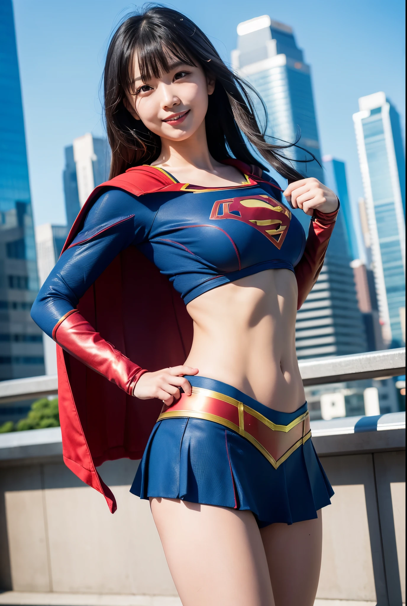 adorable, japanese girl, , (Supergirl costumes:1.2),shortcut、Plump thighs, big breasts、Chirarism、Thin belly、abs、smile、garter belt、Pose with movement、The background is a city with skyscrapers、I can see the blue sky、(非常にbe familiar withな肌), (highest quality:1.0), (realistic:1.0), (8K, RAW photo:1.1), (8k非常にbe familiar withなCGユニットの壁紙), (highest quality), (best illustrations), (best shadow), (be familiar with: 1.4), 3D, HDR (high dynamic range), ray tracing, NVIDIA RTX, super resolution, Scattered beneath the surface, PBR texture, Post-processing, anisotropic filtering, written boundary depth, maximum sharpness and acutance, multilayer texture, Albedo and highlight mapping, surface shading, Accurate simulation of light-matter interactions, perfect proportions, octane rendering, surreal、Photographed with Canon EOS R5、50mm lens、f / 2.8