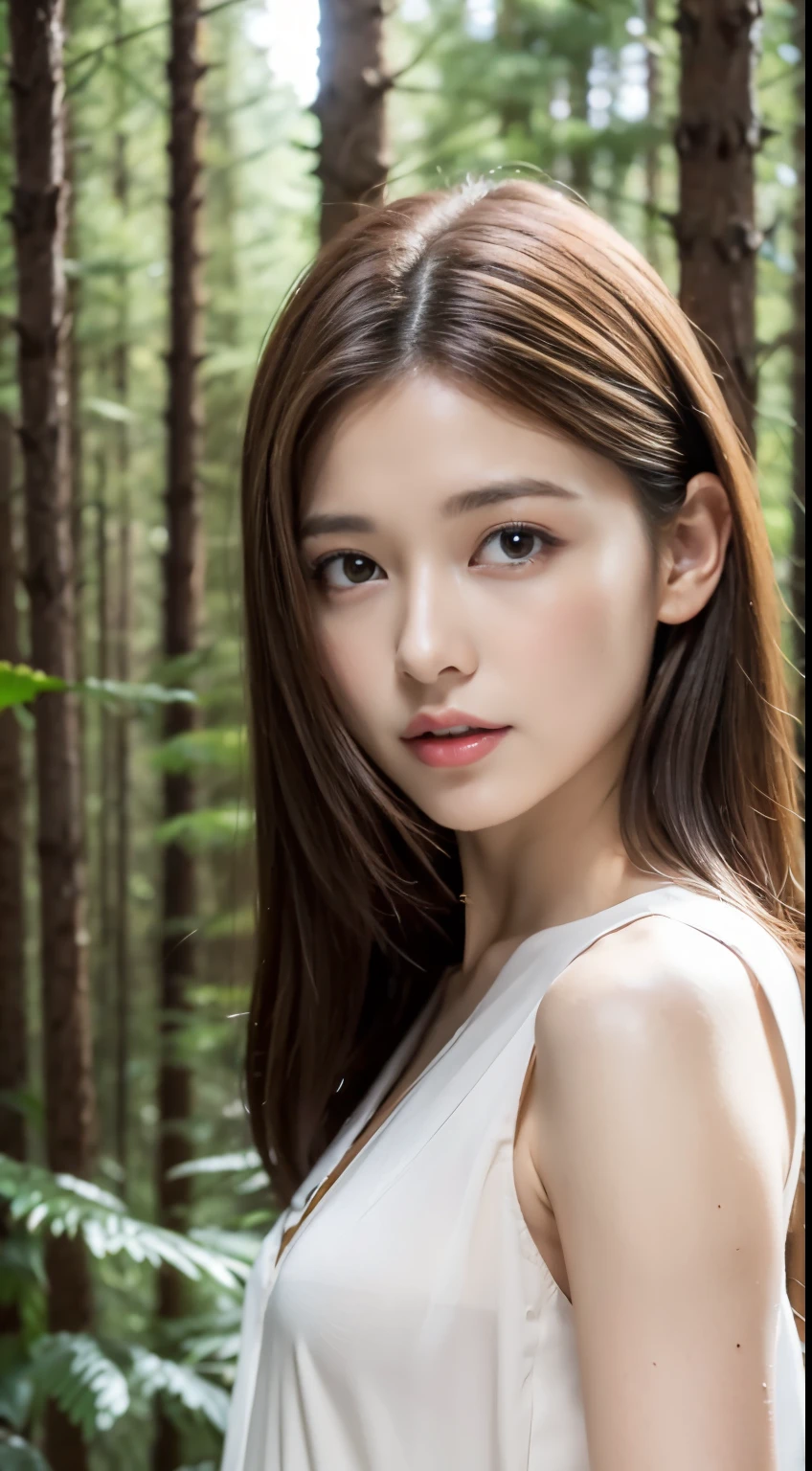 1 female, close up of face, Medium chest, light brown hair, dull bangs, hair behind the ear, shoulder hair, long hair, slender body shape, Extra-fine face, thin face, delicate lips, beautiful eyes, light blush, eyes are light brown, perfect shiny skin, perfect skin, Shining sweat,See here, ultra thin hands, super thin fingers, Optimal ratio of 4 fingers and 1 thumb, (realistic:1.3), finger extension, see-through white blouse. coniferous forest, one person&#39;s perspective, Film, f/1.2, 8K, table top, nffsw, Super detailed, high quality, 最high quality, High resolution,abs,6 pack,
