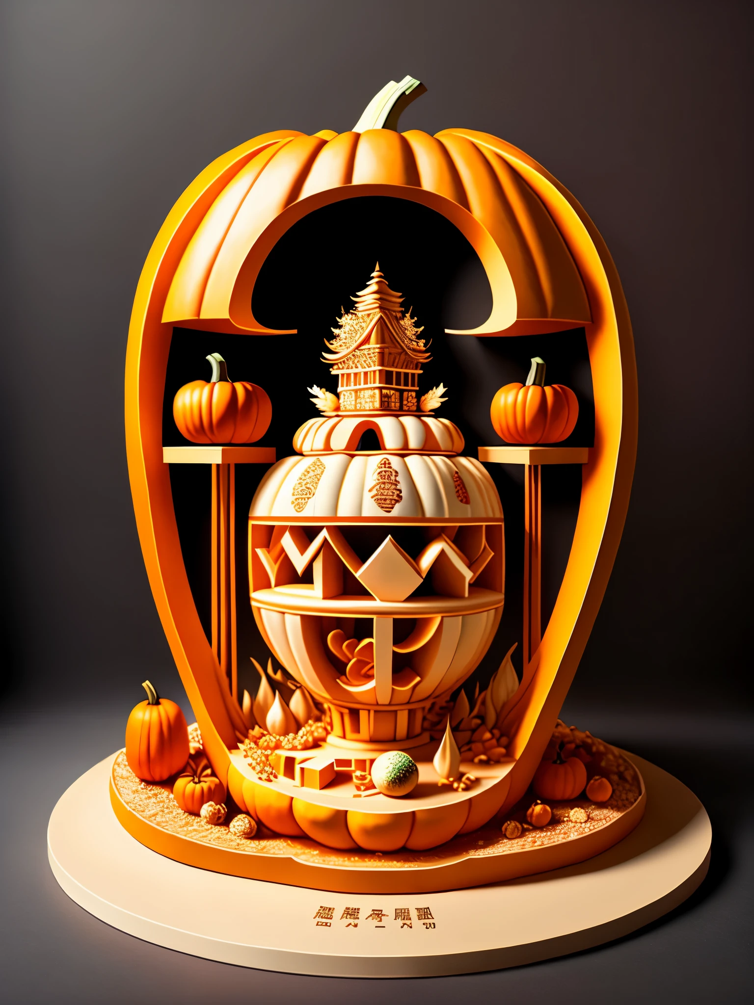 (A Thousand Mile Jiangshan Sculpture with a Large Pumpkin Inner Carving: 1.1), Inspired by Wang Ximeng of the Northern Song Dynasty, 16k, Relief, Solid Background: Fruit Carving, Food Carving, 3D Carving, Food Sculpture Design, Rotation, Inner Carving, Micro Carving, Classicism, Depth of Field, Ultra HD, Masterpiece, Precision, Ultra Detail, High Detail, High Quality, Award winning, Best Quality, 16k, Soft Lighting,