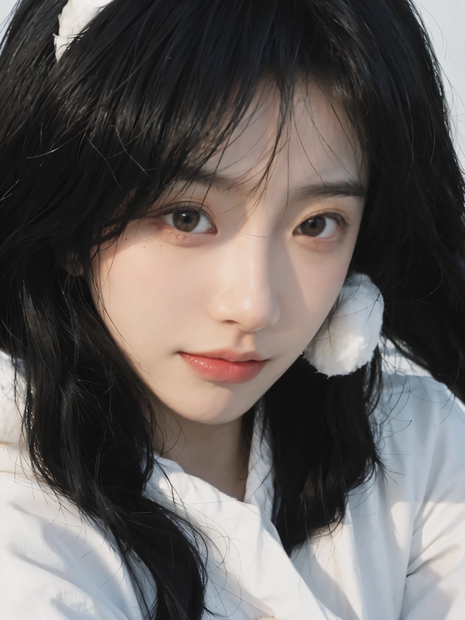 best quality, ultra high resolution, White background,(realistically:1.4), girl, A pair of eyes as clear as snow,Royal sister,Black long straight, looking at the audience, close up ,