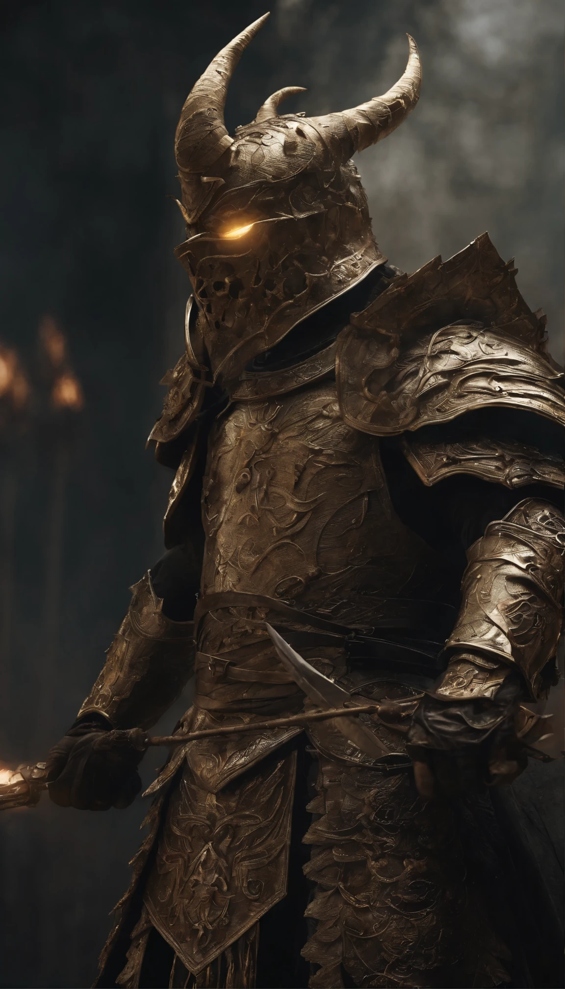 warrior, Conceptual art, fantasy art, Battlefield background, Clean rendering, horned, Put on your armor, Detailed form of bushido smoke, No helmet, The character is standing, 8k realistic, In game rendering, Detailed face background detail, Home page Art Station, bull, pseudo-medieval fantasy, Koi Skeleton Armor, Detailed bronze armor, Bronze armor, Gold engraved armor, Golden obsidian armor, Light gold armor, Magnificent filigree armor, skeleton warrior, Magnificent armor, full of thorns, Intricate Assassin Armor, intricate metal armor, powerful warrior, Dressed in magnificent golden armor,decorated with intricate patterns, The helmet has a large crown and two horns,glowing red eyes, Everything is in the dark, The smoky background hints at a battle scene, Give your character a sinister aura,submission, full body shot.