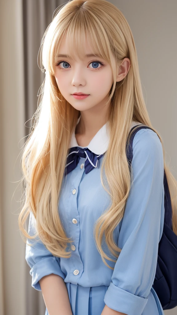 A beautiful girl with very long and beautiful shining bright blonde hair that is like silk.、long bangs between the eyes、Very beautiful bright light blue big eyes、Very cute big eyes、very clear big eyes、unparalleled beauty、Very cute and beautiful face、rich bust、school uniform、very white bright young skin、gloss cheek highlights、small face beauty、shy and bright look、